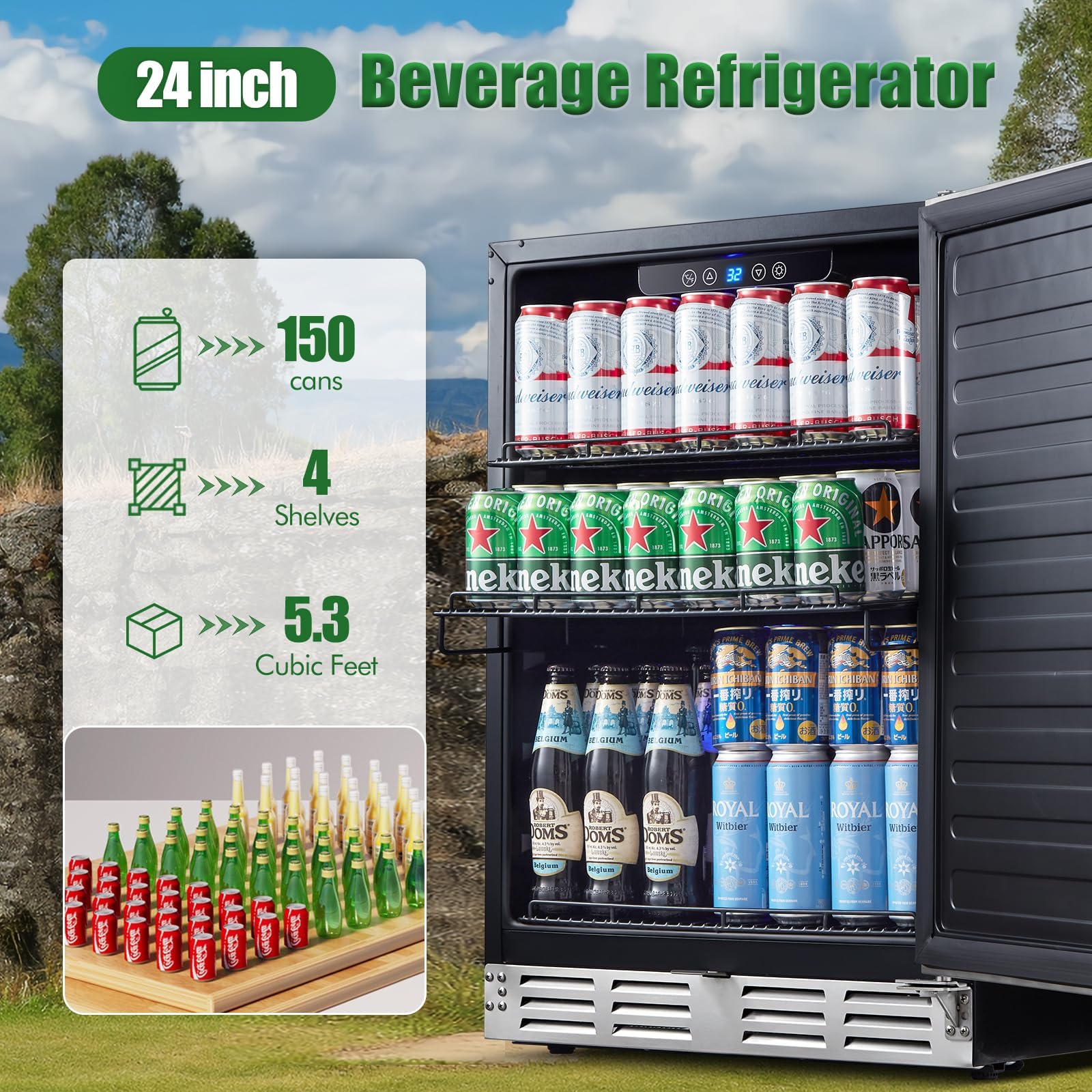 Kalamera Beverage Refrigerator 24 Inch, Under Counter 150 Cans Mini Drinks Fridge With Stainless Steel Door, Beverage Cooler Built-In And Freestanding, 32-40℉ Temperature Range on Fridge.com - View 2