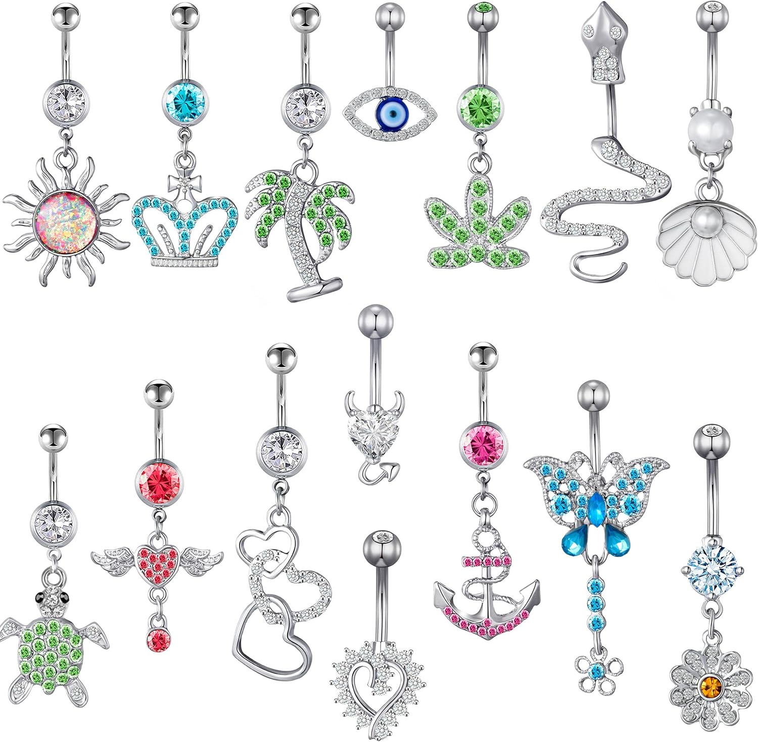 TAMHOO 15PCS 14G Stainless Steel Belly Button Rings for Women with AAA Cubic Zirconia