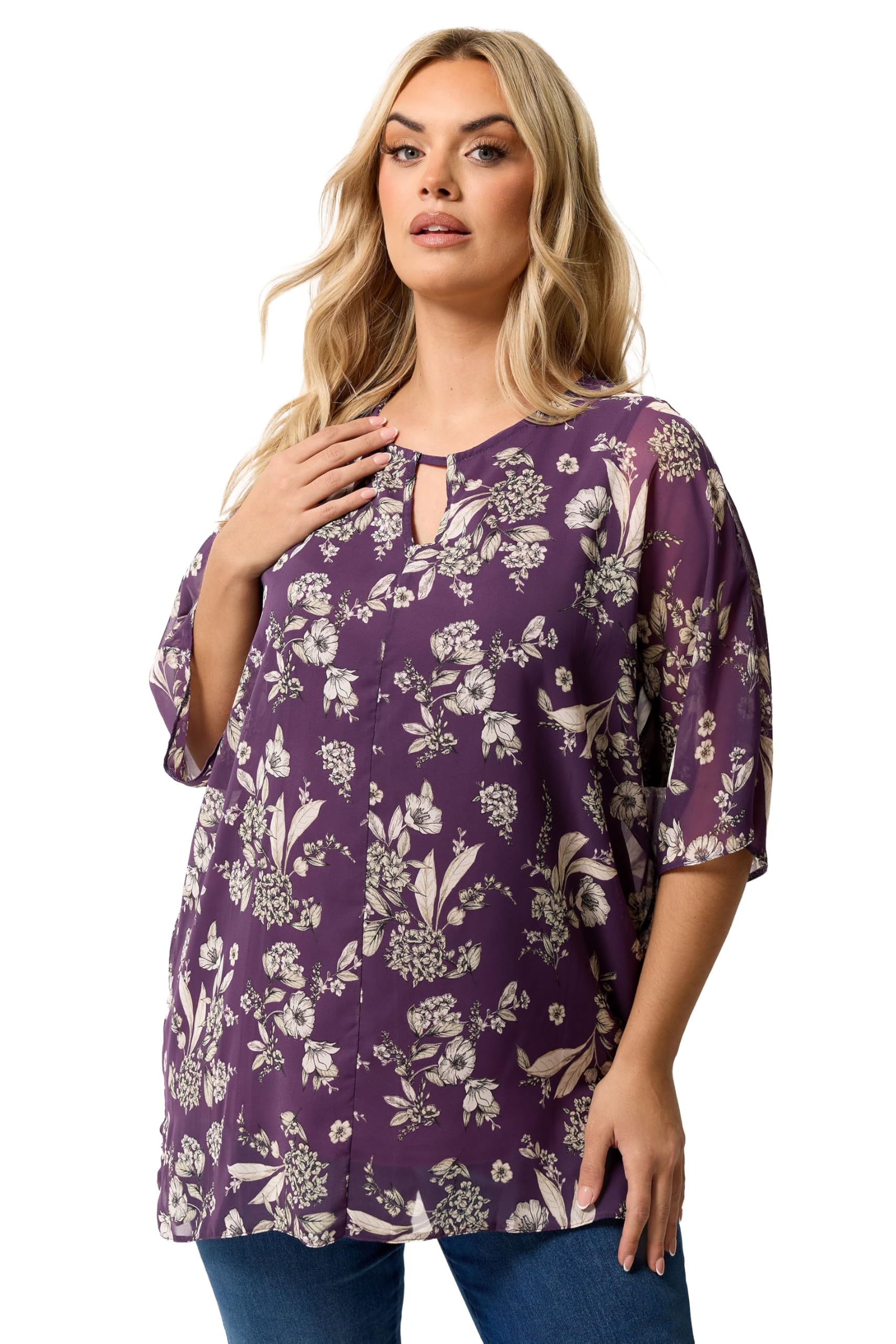 Yours - Women's Top - Floral Print - Keyhole Detail - 3/4 Sleeve - Size 22-24 - Aubergine