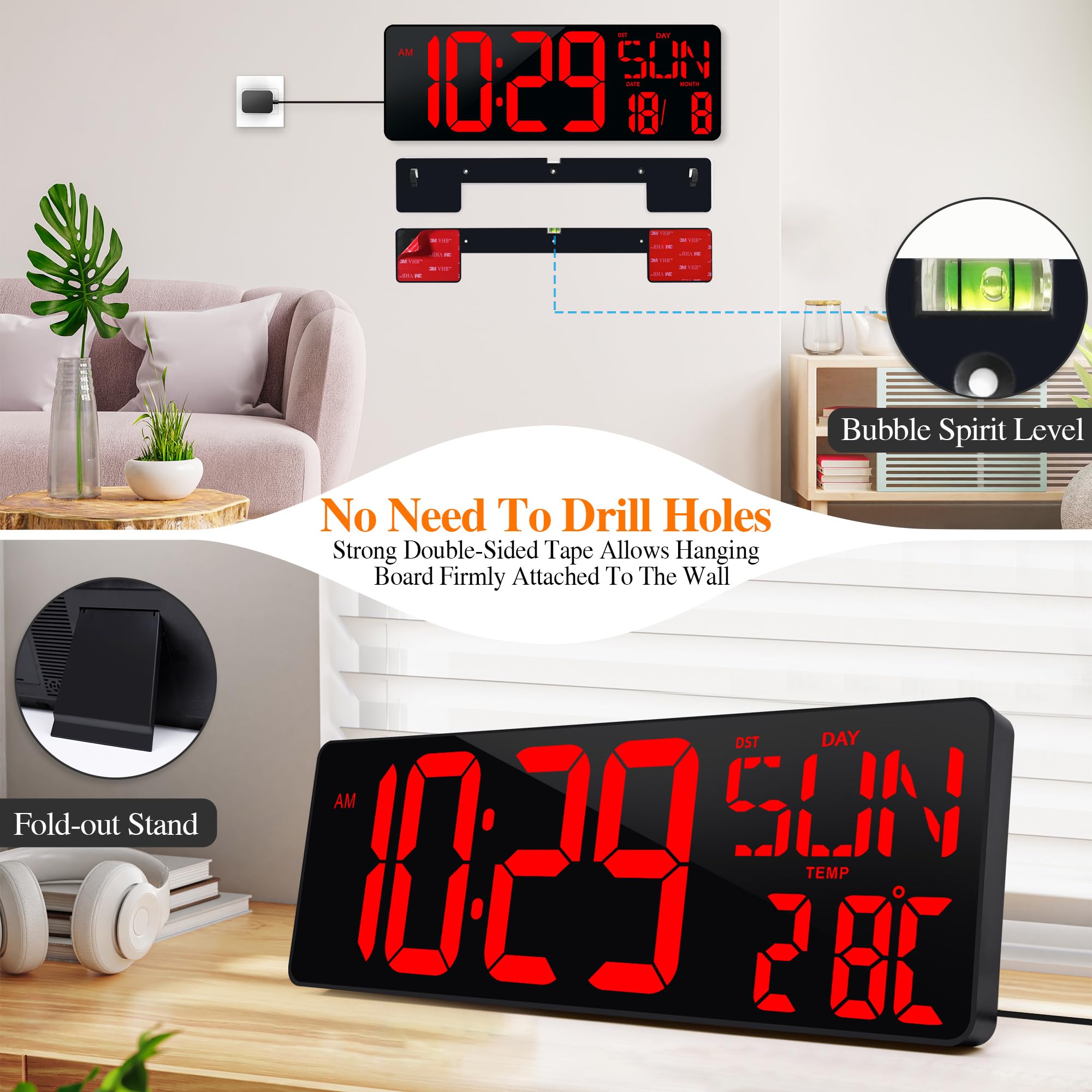 GRANDE HORLOGE MURALE NuméRique avec TéLéCommande, Horloge LED