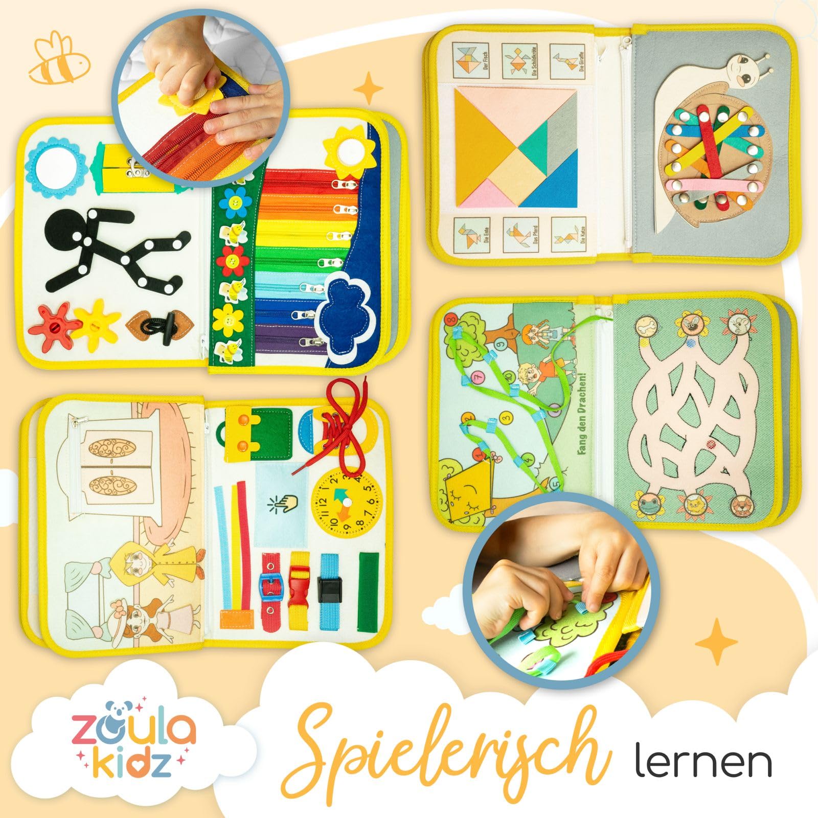 zoula kidz® Busy Board 3 Jahre - Activity Buch mit 8 Seiten - sicheres Montessori Buch für die Autofahrt und Activity Book zur Beschäftigung im Flugzeug & Reisespielzeug aus weichem Filz (Alpaka) - 2