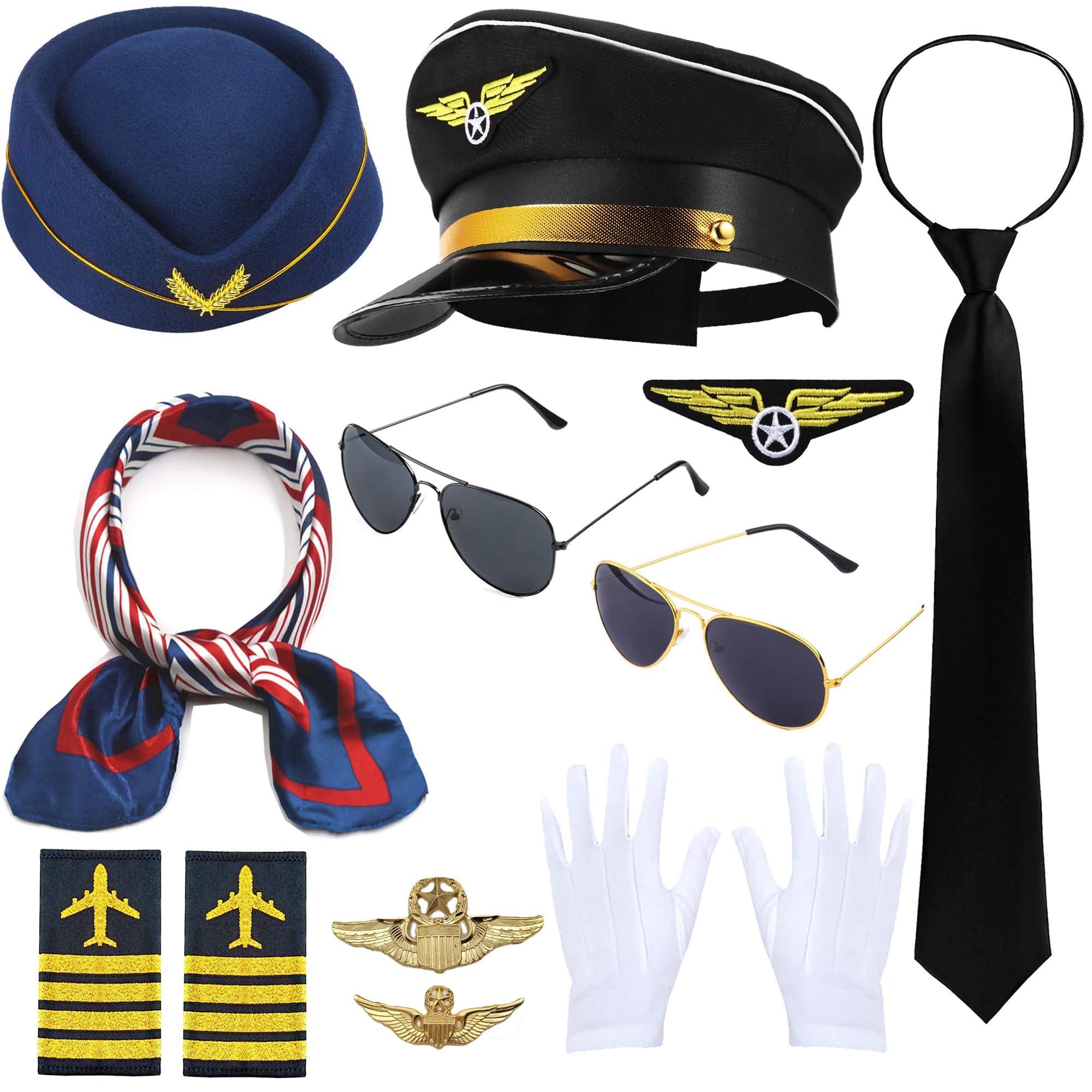 Pilot Captain Hat Costume set Stewardess Accessories Flight Attendant Hat with Sunglasses and Scarf Cosplay Dress up