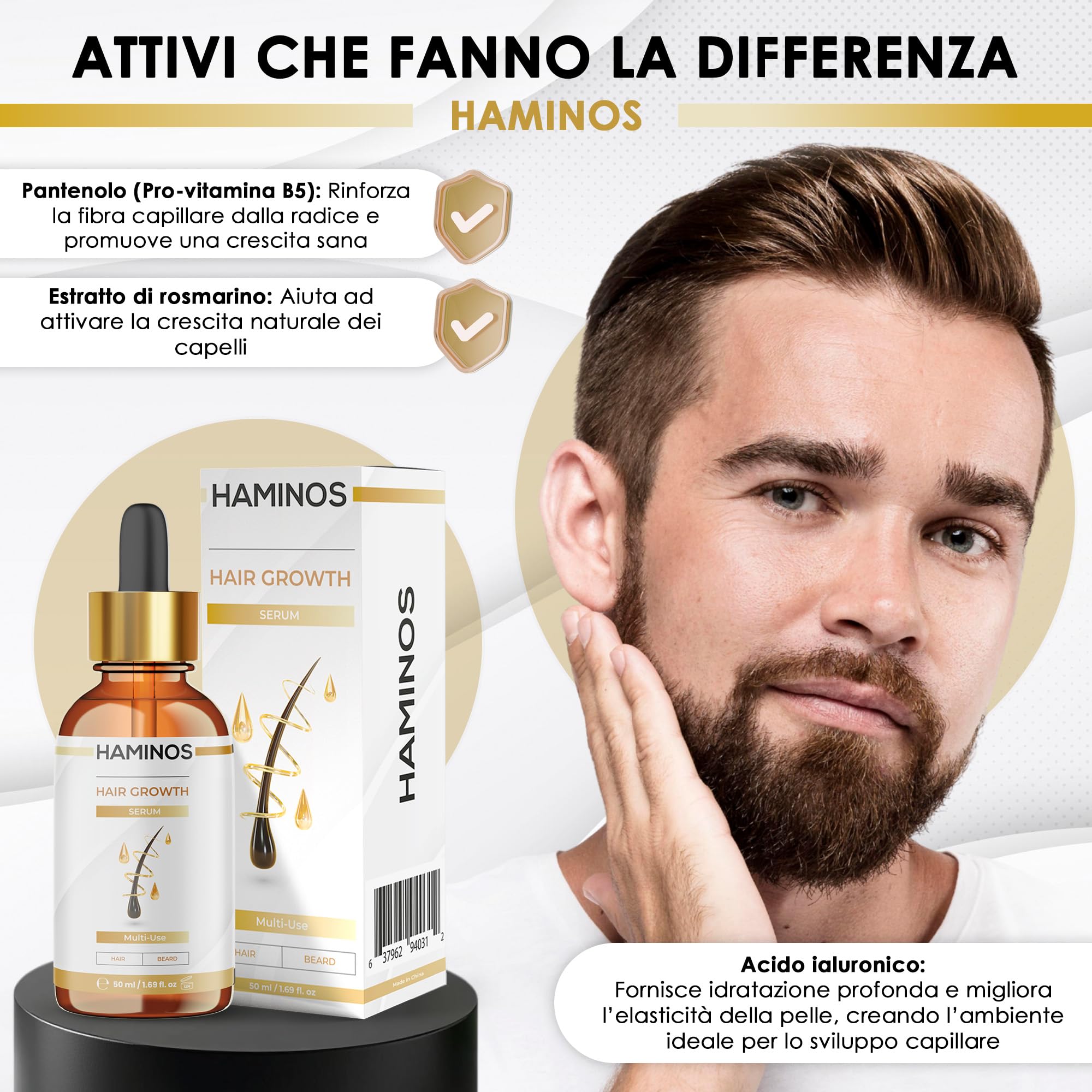 HAMINOS Derma Roller 0,5 mm con Siero Capelli per Uomo, Microneedle Roller per Cuoio Capelluto e Barba con Serbatoio, Applicatore Siero per Attaccatura, Corona e Barba