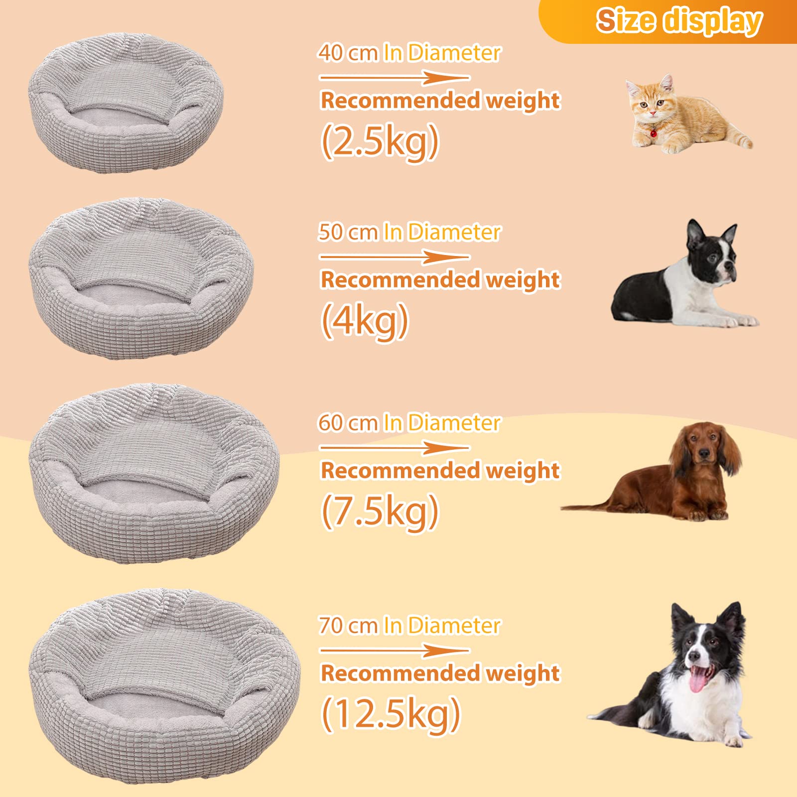 PETCUTE Cuccia Cane Interno,Taglia Piccola,Rotonda Soffice Lavabile Cuccia Gatto con Coperta,Antiscivolo,Cuccia per Gatti Rotonda in Peluche,Cuccia Gatto Cane Fino 12.5kg, Vello di mais-grigio, 50cm