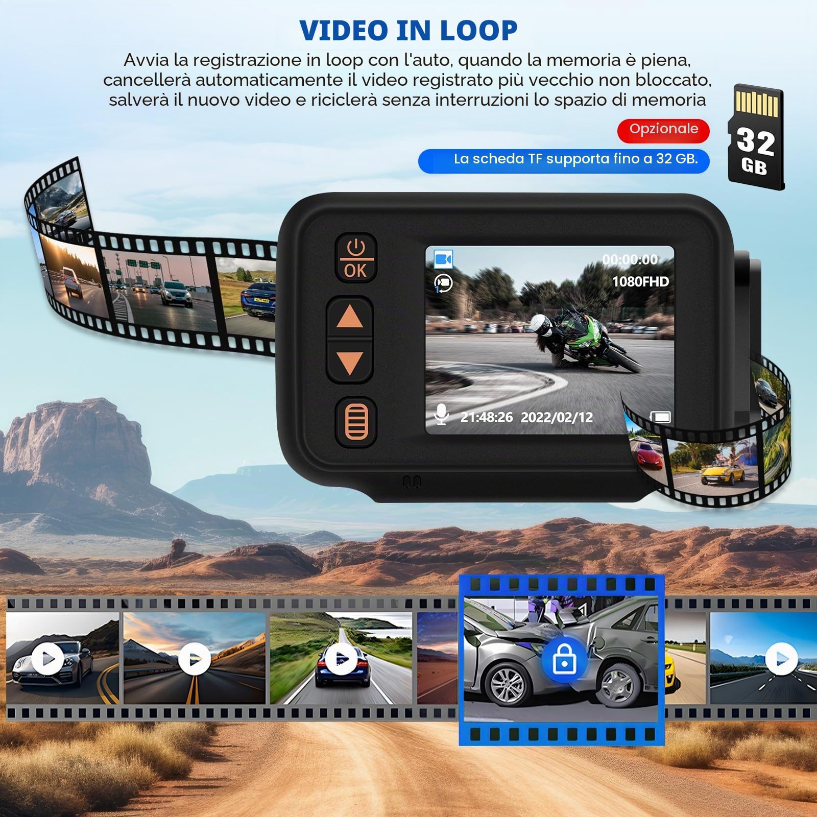 【NOVITÀ 2026】 CAMECHO Dashcam 1080P per moto con telecamera anteriore + posteriore, schermo IPS da 2 pollici Dashcam con IP65, rilevamento del movimento, monitoraggio del parcheggio per tutte le moto