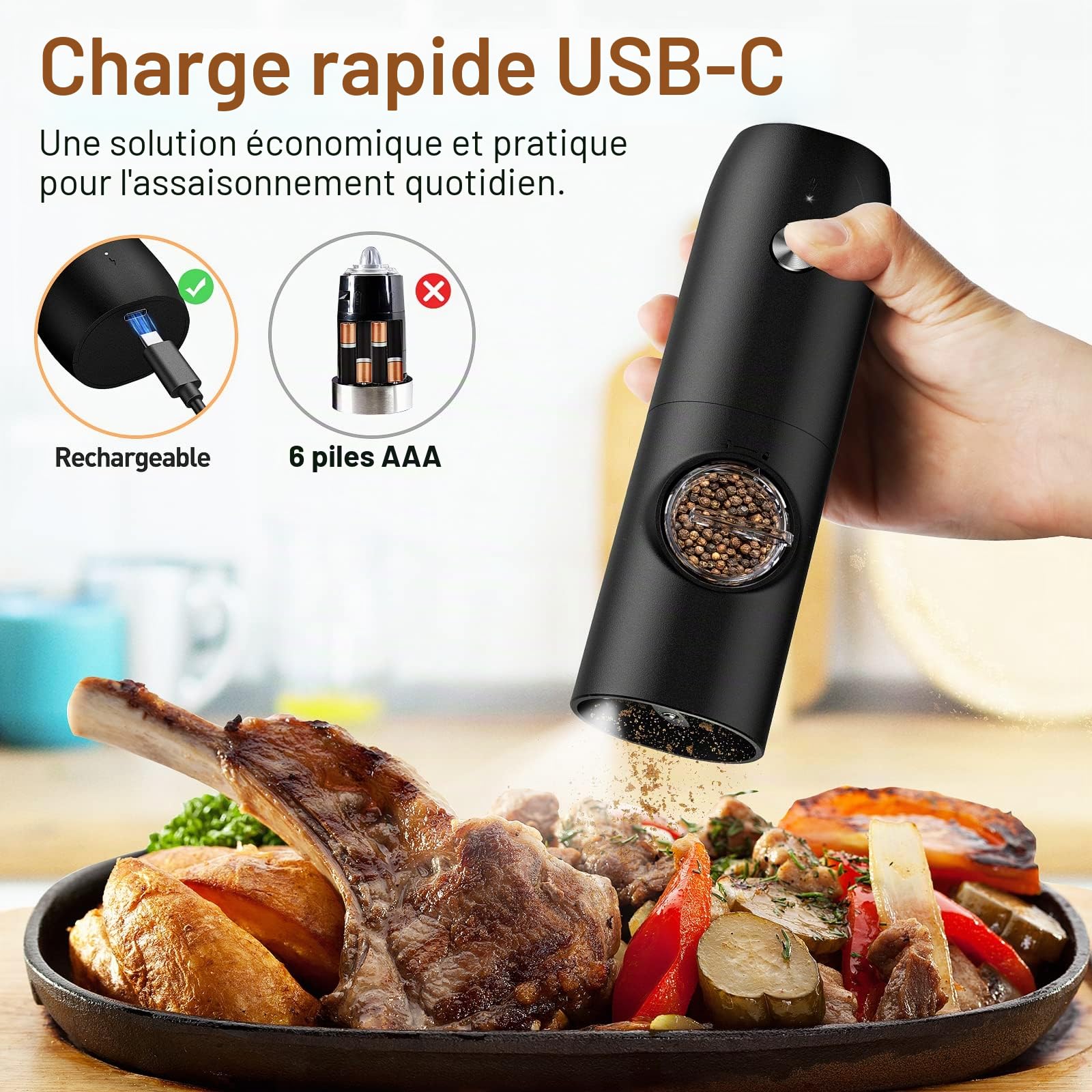 Moulin à Poivre et Salières Electrique Rechargeable (2 Pièces) - LED, Opération à Une Main, Idéal Pour La Cuisine, Le Restaurant, Le Barbecue, Le Camping