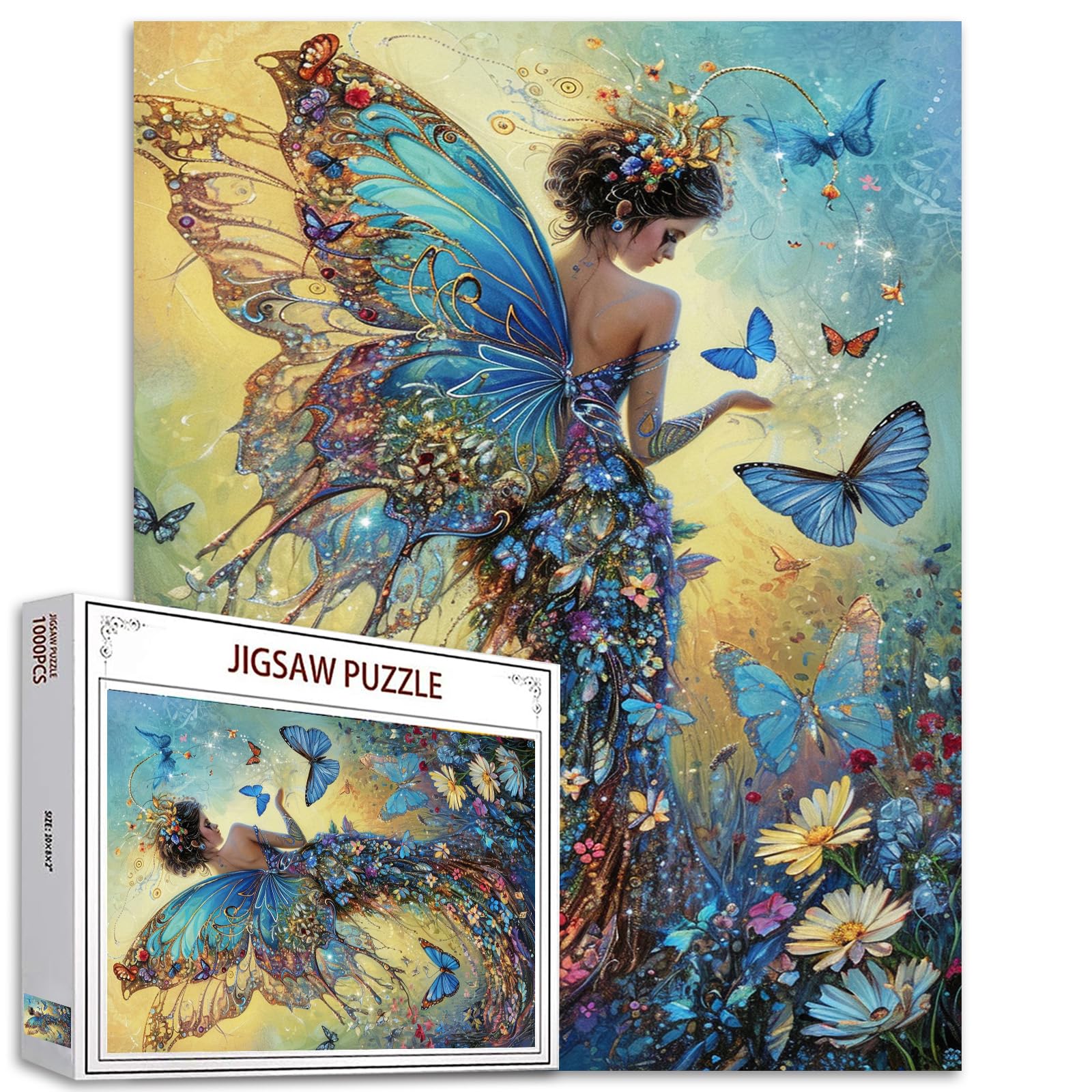 Tucocoo Beautiful Pixie Fairy Jigsaw Puzzles for Adults 1000 Pieces, Blue Butterfly Elf Art Jigsaw Puzzle 20 x 27 Inch Colorful DIY Puzzles for Home