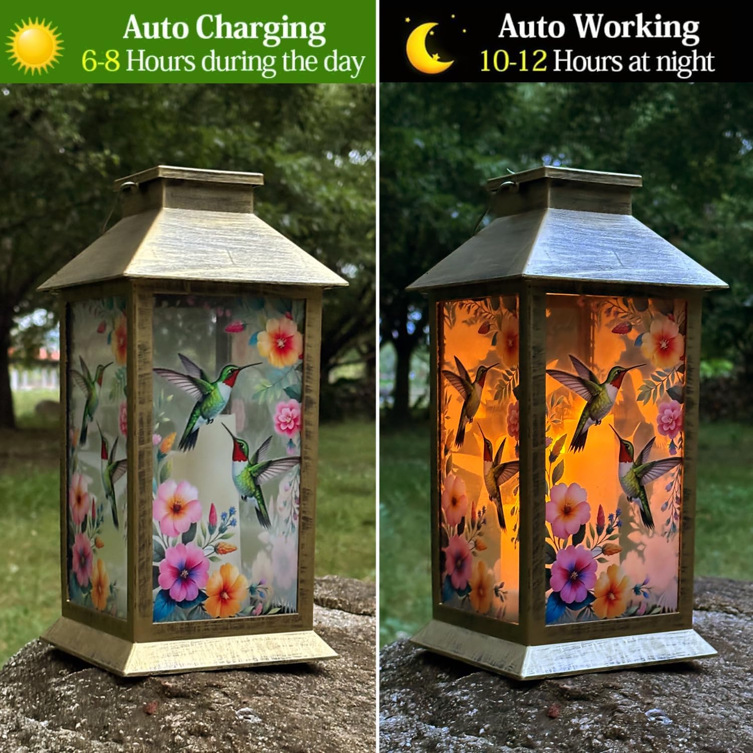 Solar Outdoor Lantern Garden Hanging Waterproof Lanterns PVC 3 LED Flickering Flameless Candle Decorative Lights for Table,Outdoor，Mothers Day Halloween Gifts (Hummingbird)