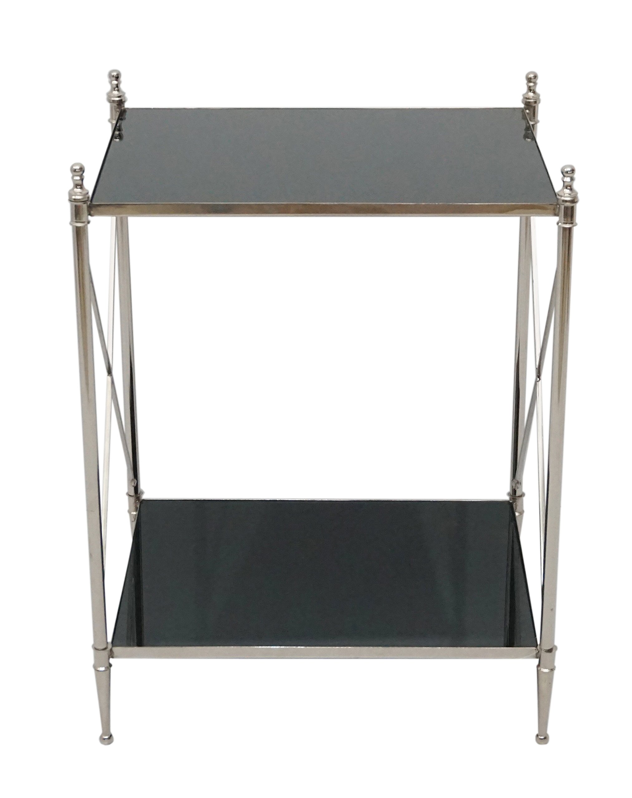 Designe Gallerie Wade Accent Table with Cross Legs, Black Mirrored Top (Knock-Down), Bottom Shelf for Storage, Living Room, Bedroom, Contemporary- Nickel Plating, Silver