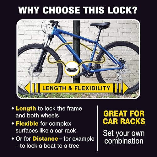 Miniatura 3 de OnGuard Candado de bicicleta con combinación de cables, cable flexible de acero trenzado de 0.472 in con código personalizable de 4 dígitos, carcasa