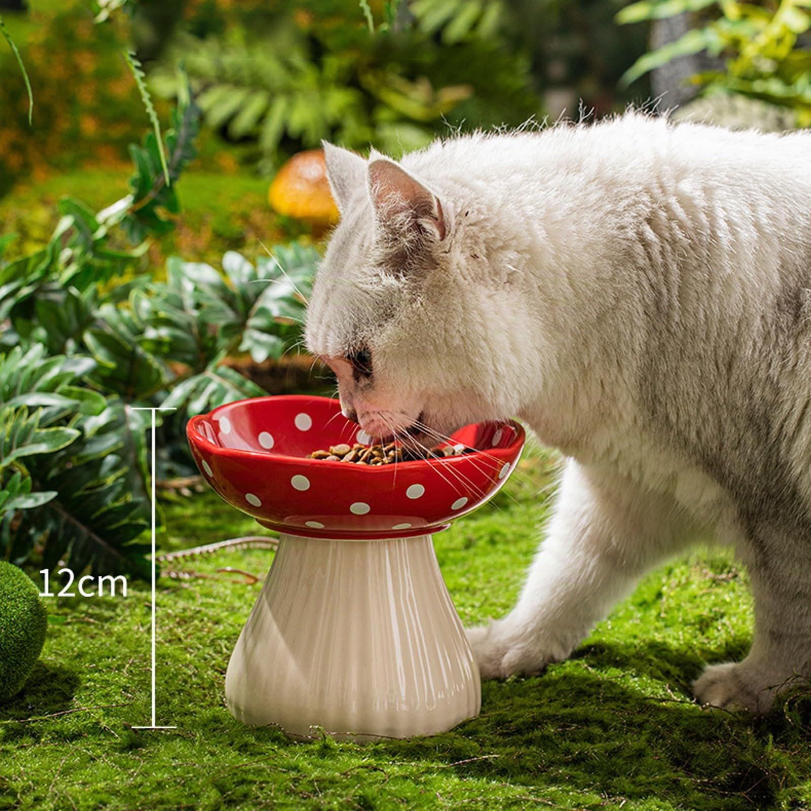 Liemuao 2 Pièces Gamelle Chat Surélevée, 300ml Gamelle Céramique en Forme de Champignons, Inclinable à 15° Bol pour Chat Anti-Vomissements Bol pour Animaux de Compagnie (Jaune+Rouge)