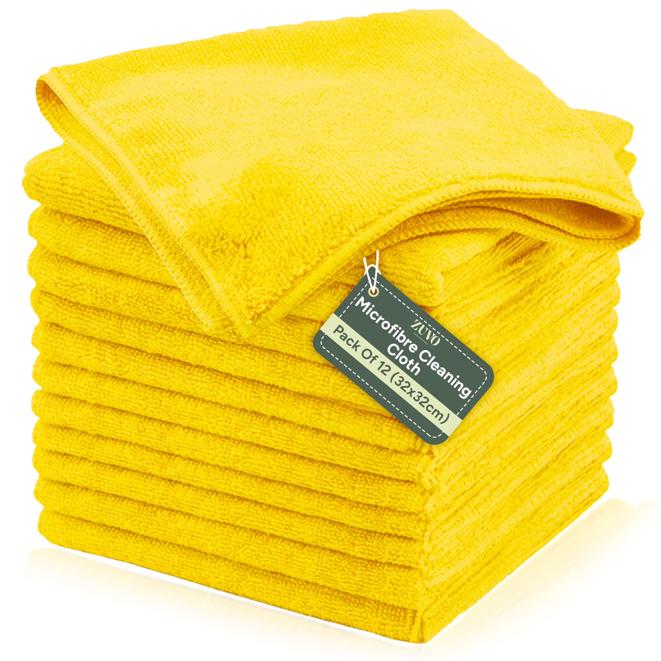 Zuvo Microfibre Cleaning Cloth 12 Pack — Lint-Free Dish Cloths for Kitchen, Washing Up & Surfaces | 32×32 cm, Yellow
