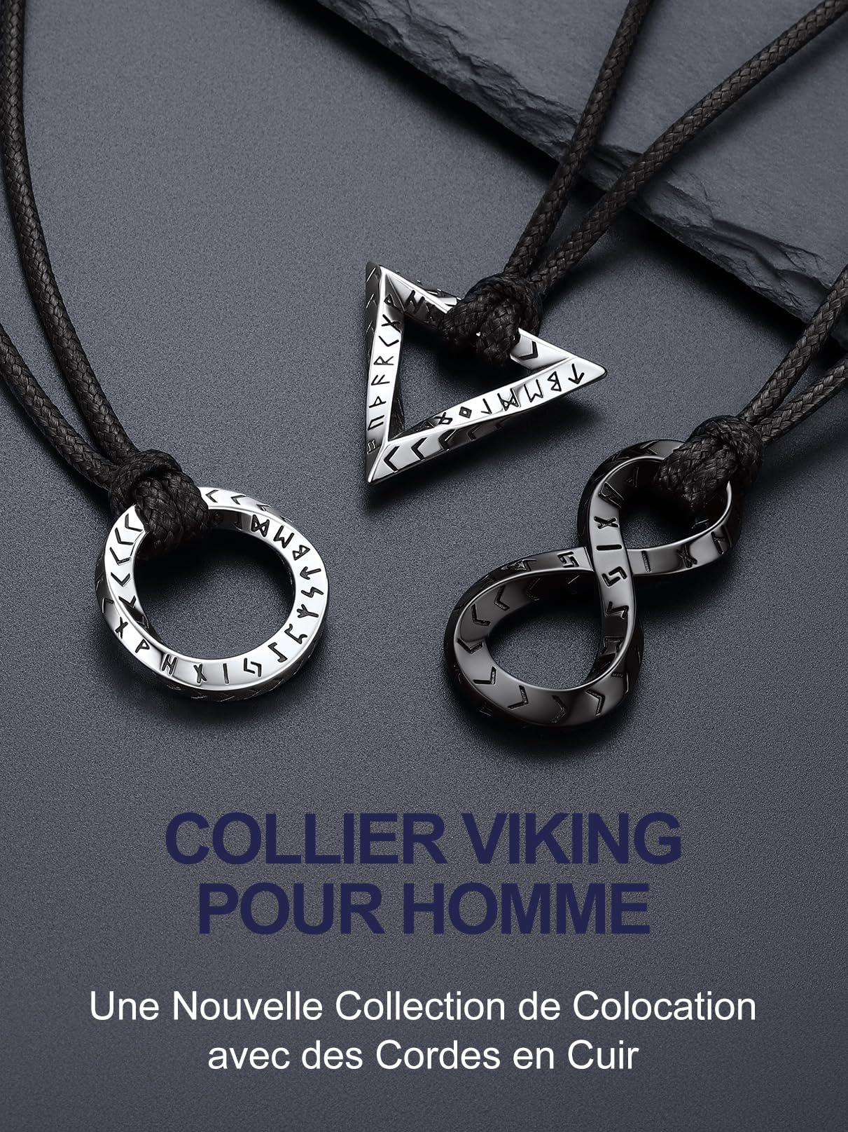 Bandmax Collier Rune Viking Homme/Noir, Pendentif Möbius de Triangle Inversé/Infini/Anneau avec Chaîne Cordon 2,5mm Réglable de 46cm à 76cm