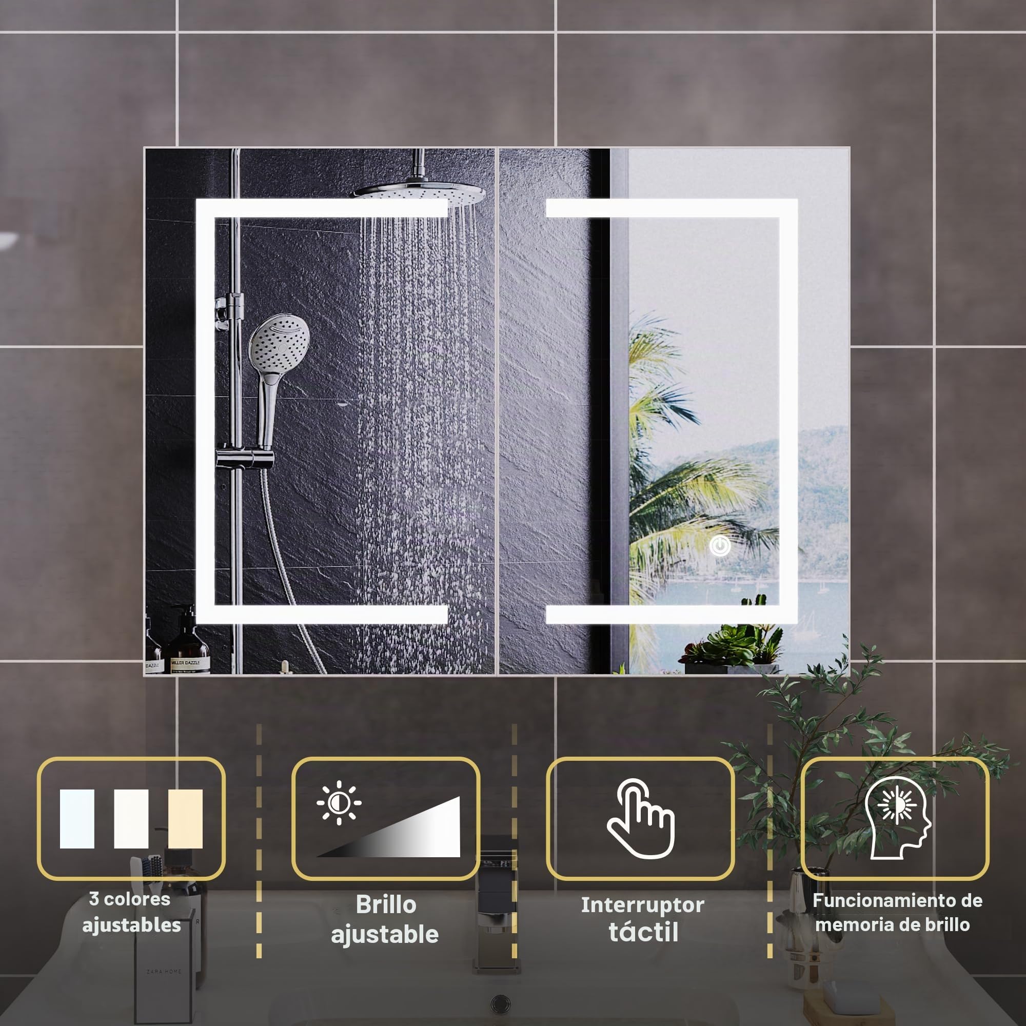 Armario con Espejo Baño con Luz LED, Armario de Baño con Estantes Ajustables, Espejo Inteligente baño con Interruptor de Sensor Táctil, Temperatura de Color Ajustable (60 x 80 x 14 cm)