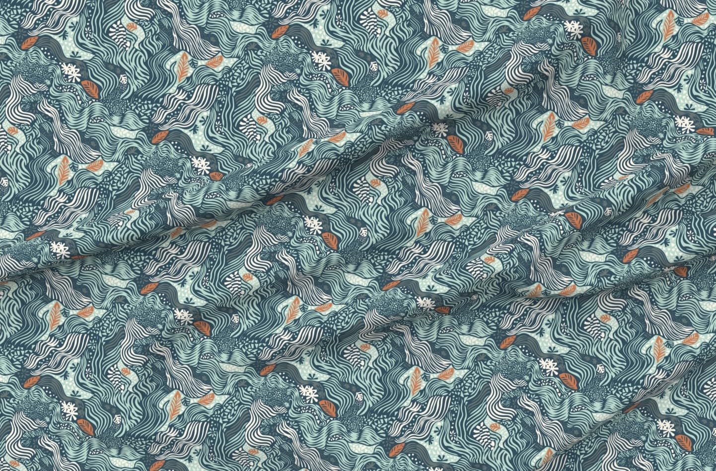 Spoonflower Fabric - Abstract Teal Waves Coastal Aqua Water Current Beach Nautical River Printed on Petal Cotton Fabric Fat Quarter - Sewing Quilting Apparel Crafts Decor