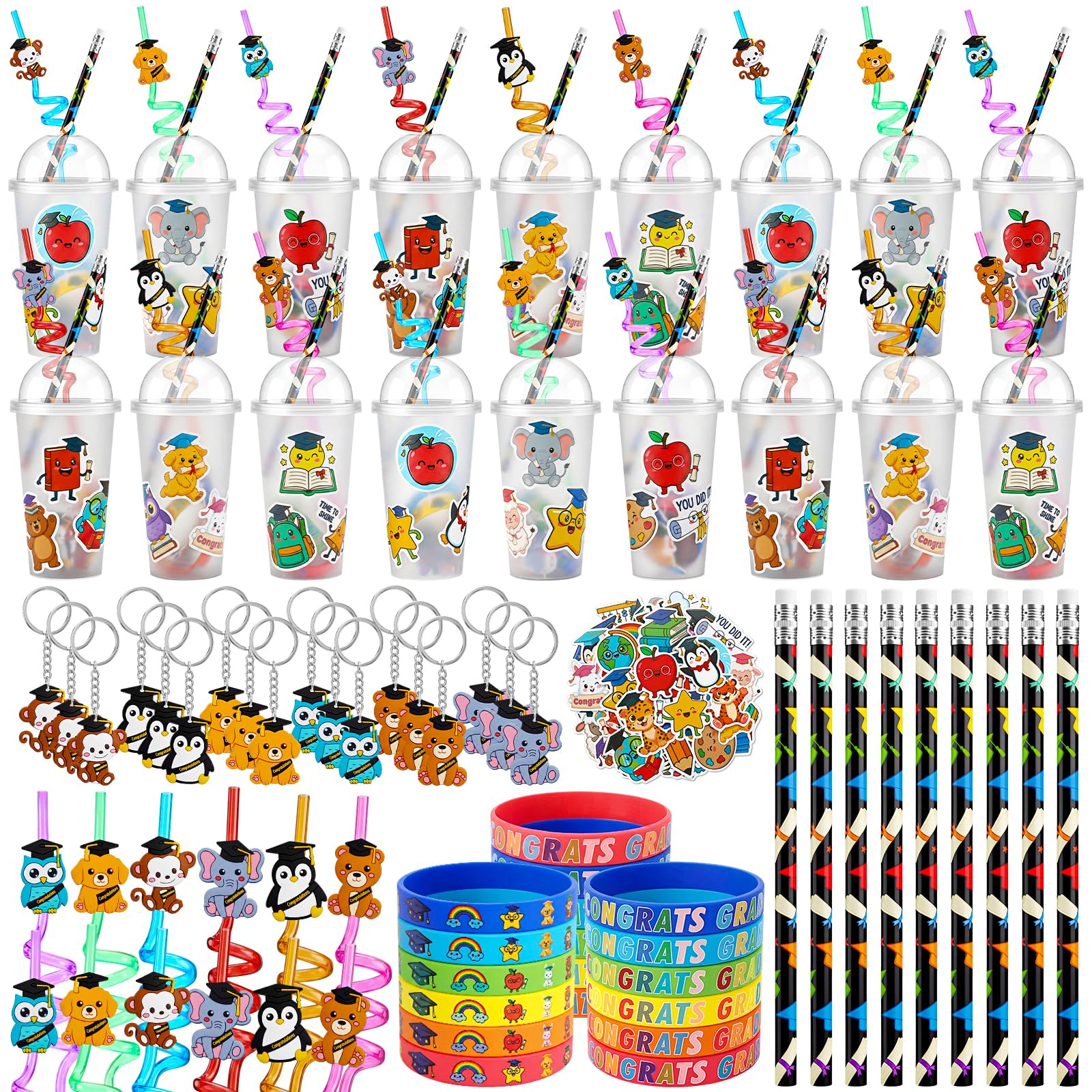 Photo 1 of Funnymoom 194 Pcs Graduation Party Favors Class of 2026 Cup Fillers Congrats Grad Keychain Pencil Silicone Bracelet for End of Year Gift from Teacher Rewards Bingo Game Prizes, 24 Sets(Animal)