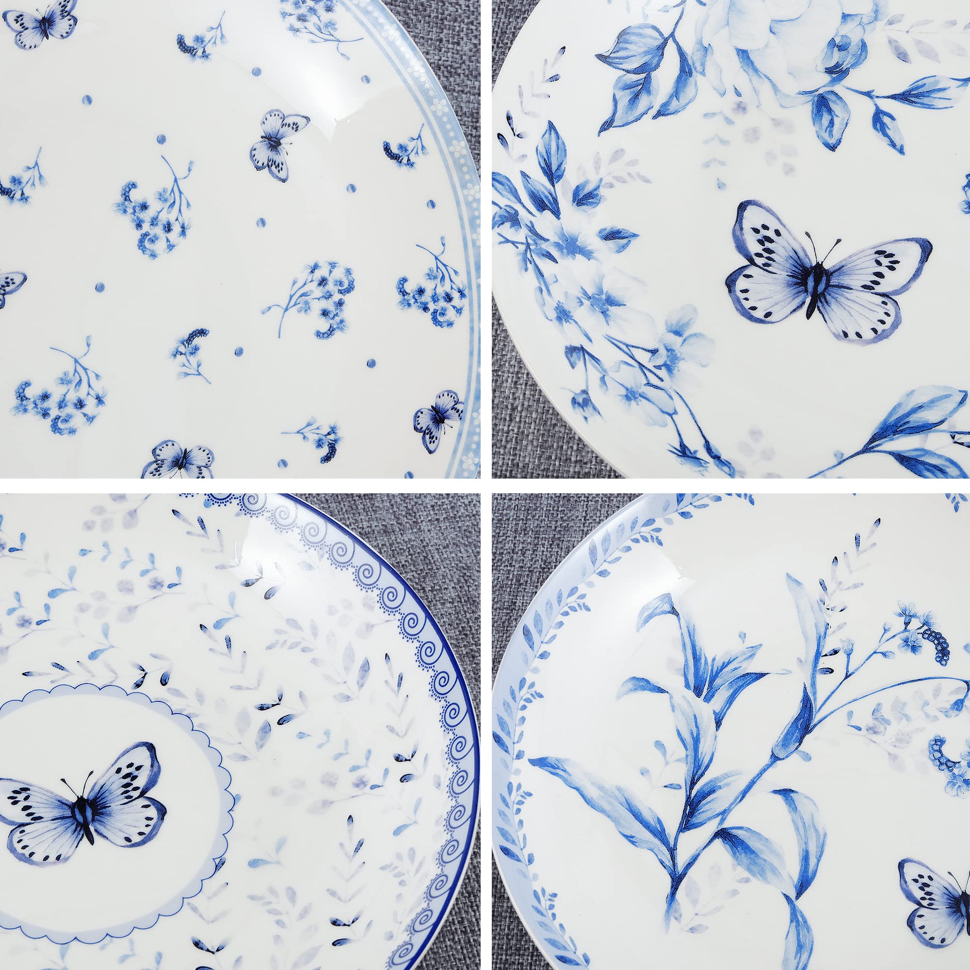 fanquare 4-Teilig Spring Vibes Schmetterling Dessertteller, Kuchenteller Frühstücksteller aus Porzellan mit Blumen, Blaue Serie, 20 cm