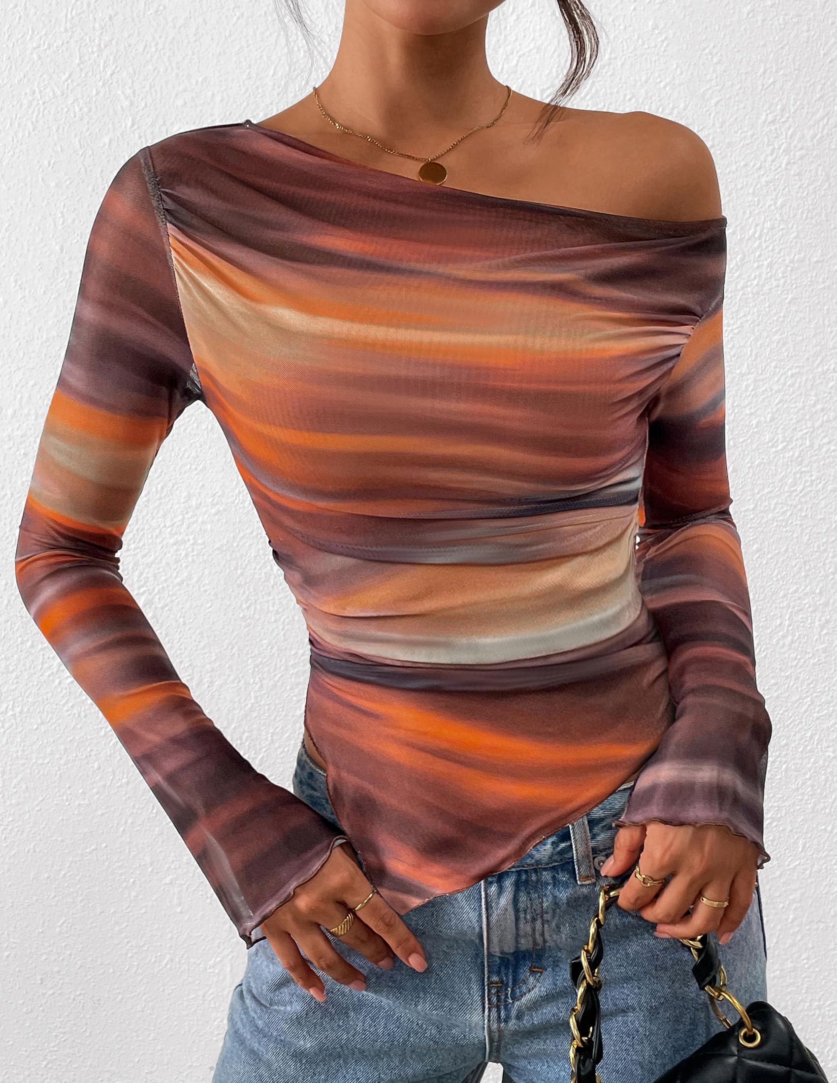 PRETTYGARDEN Womens Fall Trendy Off Shoulder Y2k Tops 2026 Tie Dye Mesh Long Sleeve Shirts Asymmetrical Ruched Floral Blouse