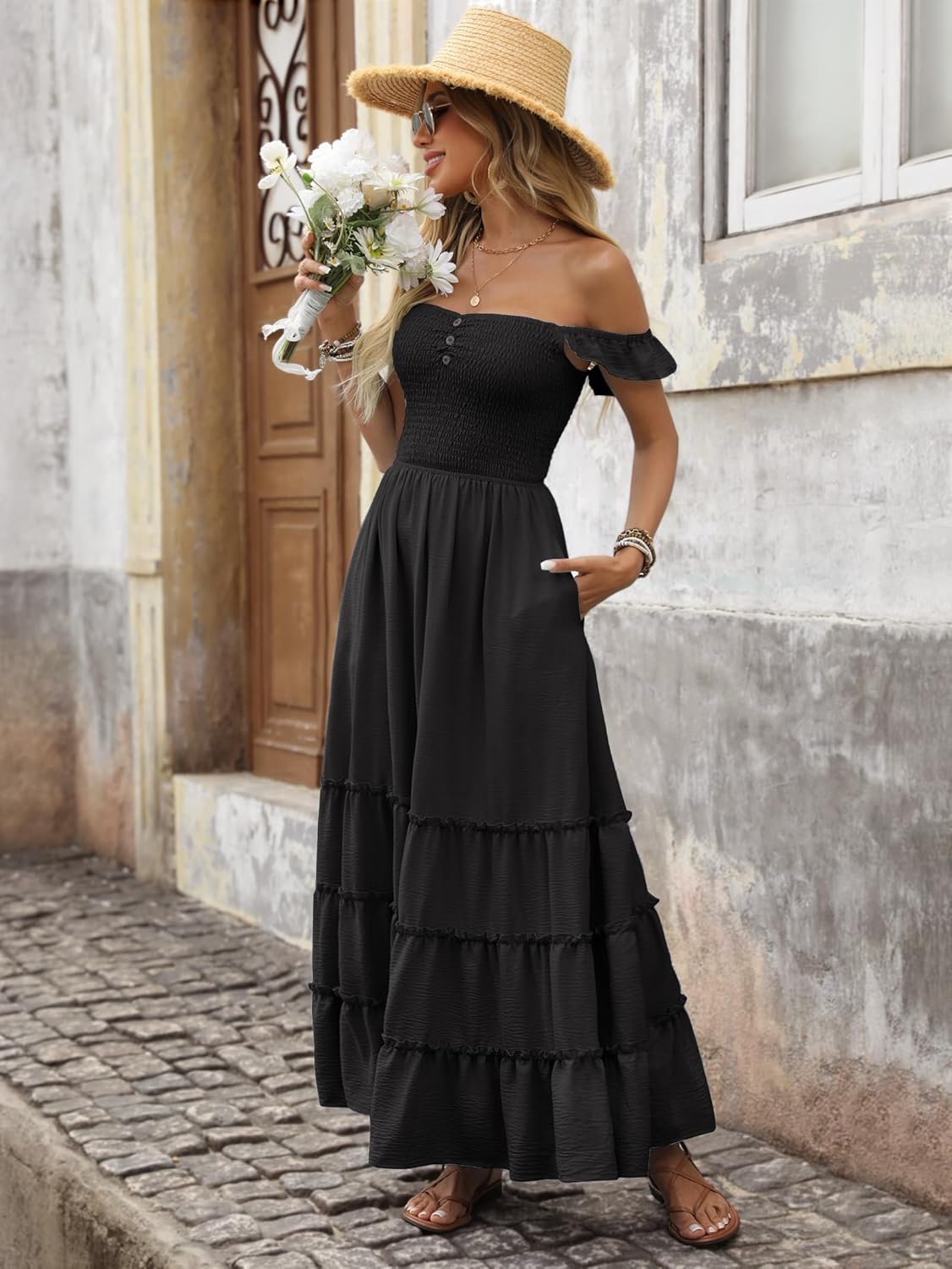 ANRABESS Womens Summer Casual Off The Shoulder Maxi Long Dress 2026 Smocked Ruffle Strap Backless Flowy Tiered Beach Sundress - Image 5