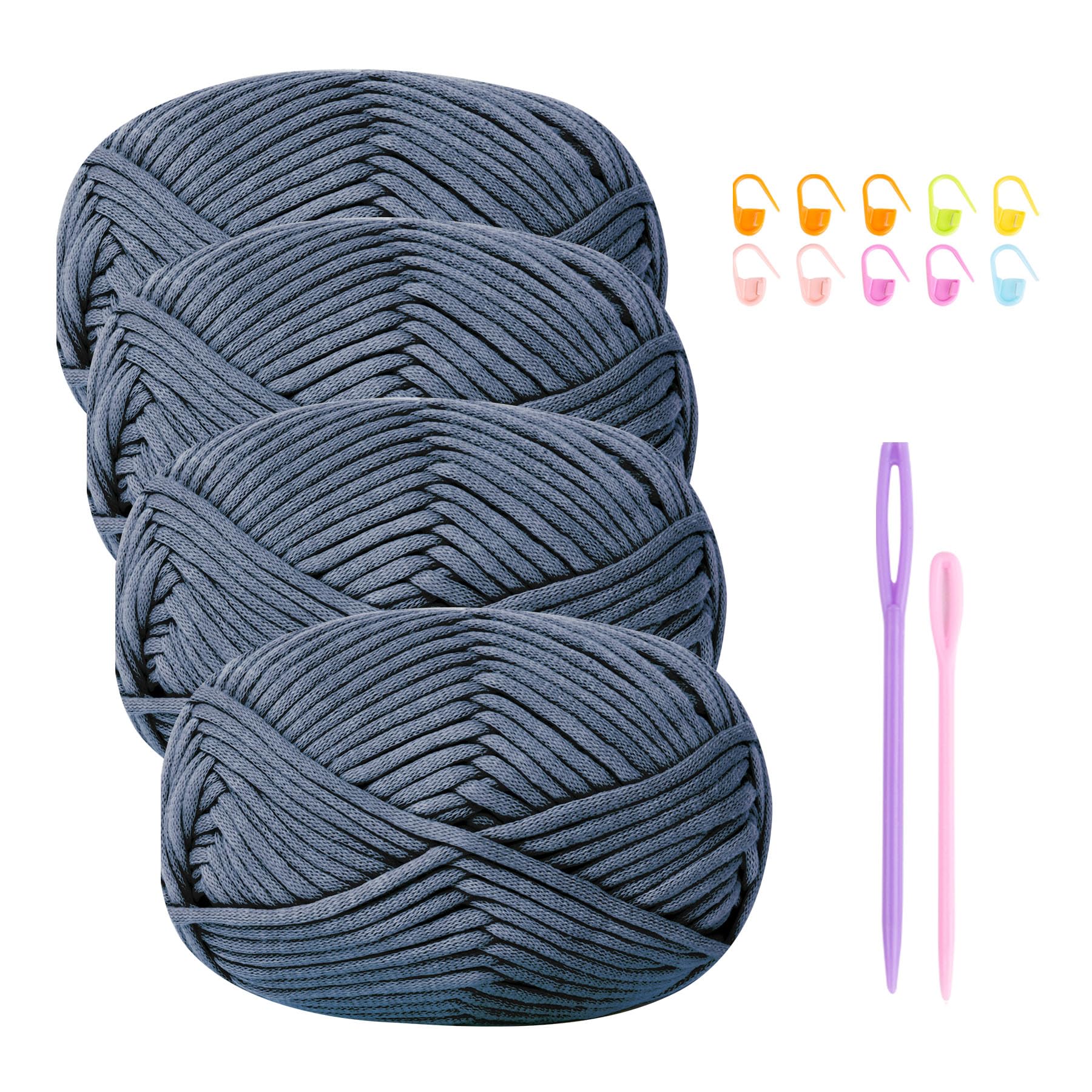 Renyiz Grobes Garn zum Häkeln Baumwollgarn zum Häkeln 4x50g Häkelgarn für Anfänger Häkelwolle Strickgarn mit Häkelzubehör Blaues Garn