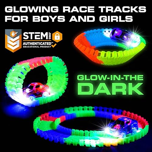 Miniatura 2 de USA Toyz Glow Trax - Pistas de carreras que brillan en la oscuridad para niños, juego de pistas de carreras con 360 unidades de carreteras