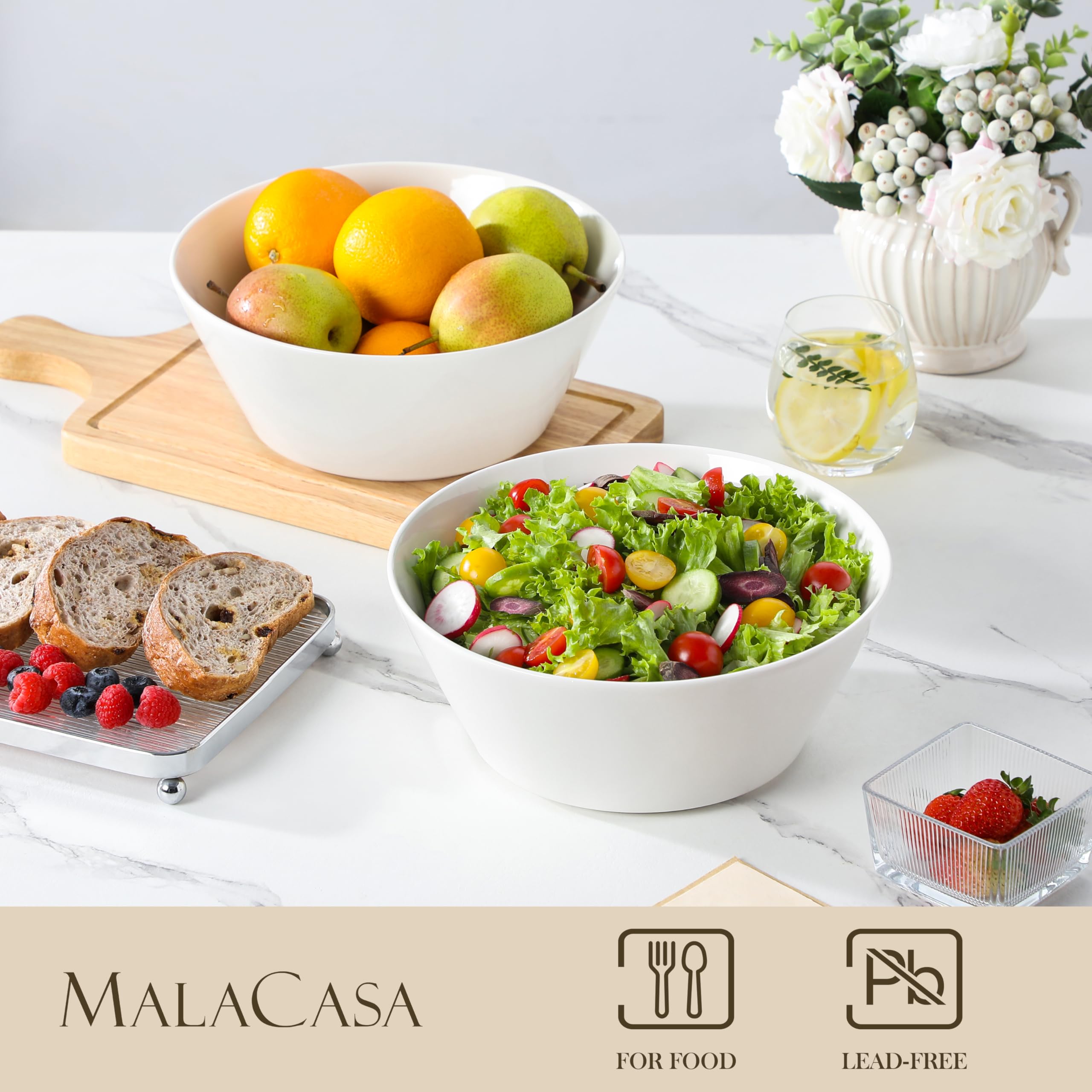 MALACASA Ensaladera de 3.1 L, Juego de 2 Cuencos Grandes de Porcelana para Frutas, Cuencos de Servicio para Ensalada, Fruta, Sopa, Ramen y Cereales, Blanco, Serie Regular