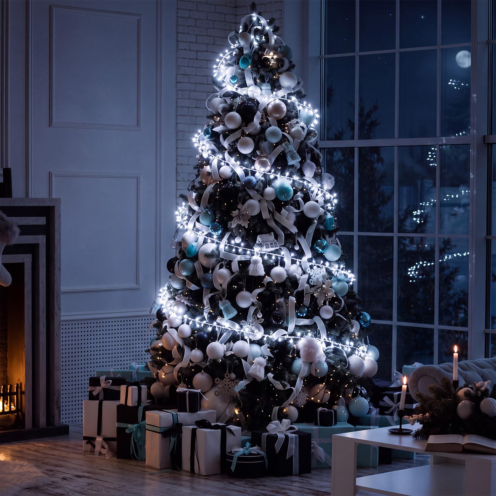 Mudder Guirlande lumineuse de sapin de Noël de 15 m avec anneau en fil métallique 300 LED 8 modes d'éclairage scintillant à piles pour sapin de Noël intérieur et extérieur (sans piles) (lumière