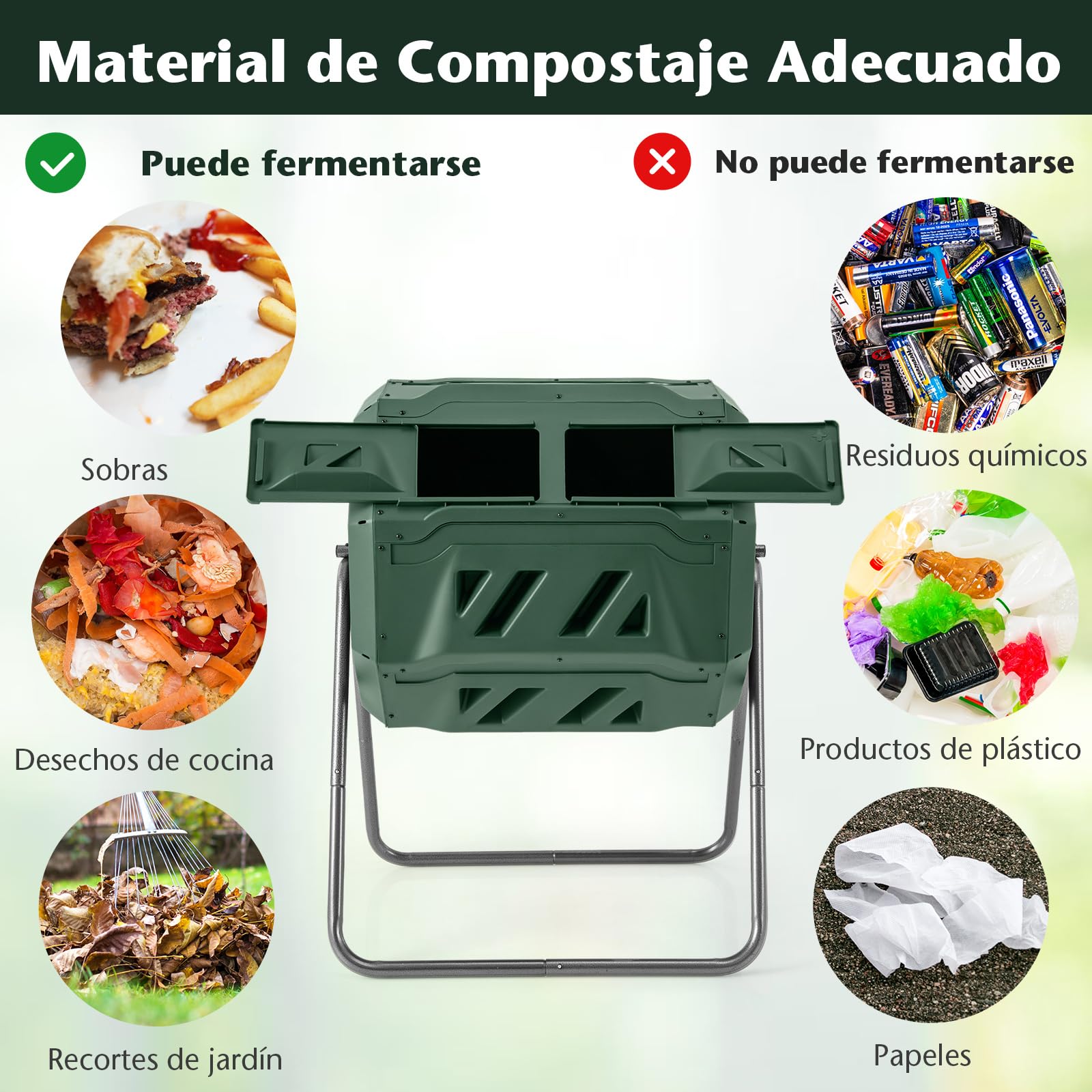 COSTWAY Compostador Jardin Giratorio 360° 160L, Contenedor de Compost, Tambor de Compostaje de Doble Cámara con 2 Puertas Correderas, Marco de Metal Resistente, sin BPA para Desechos de Jardín (Verde)
