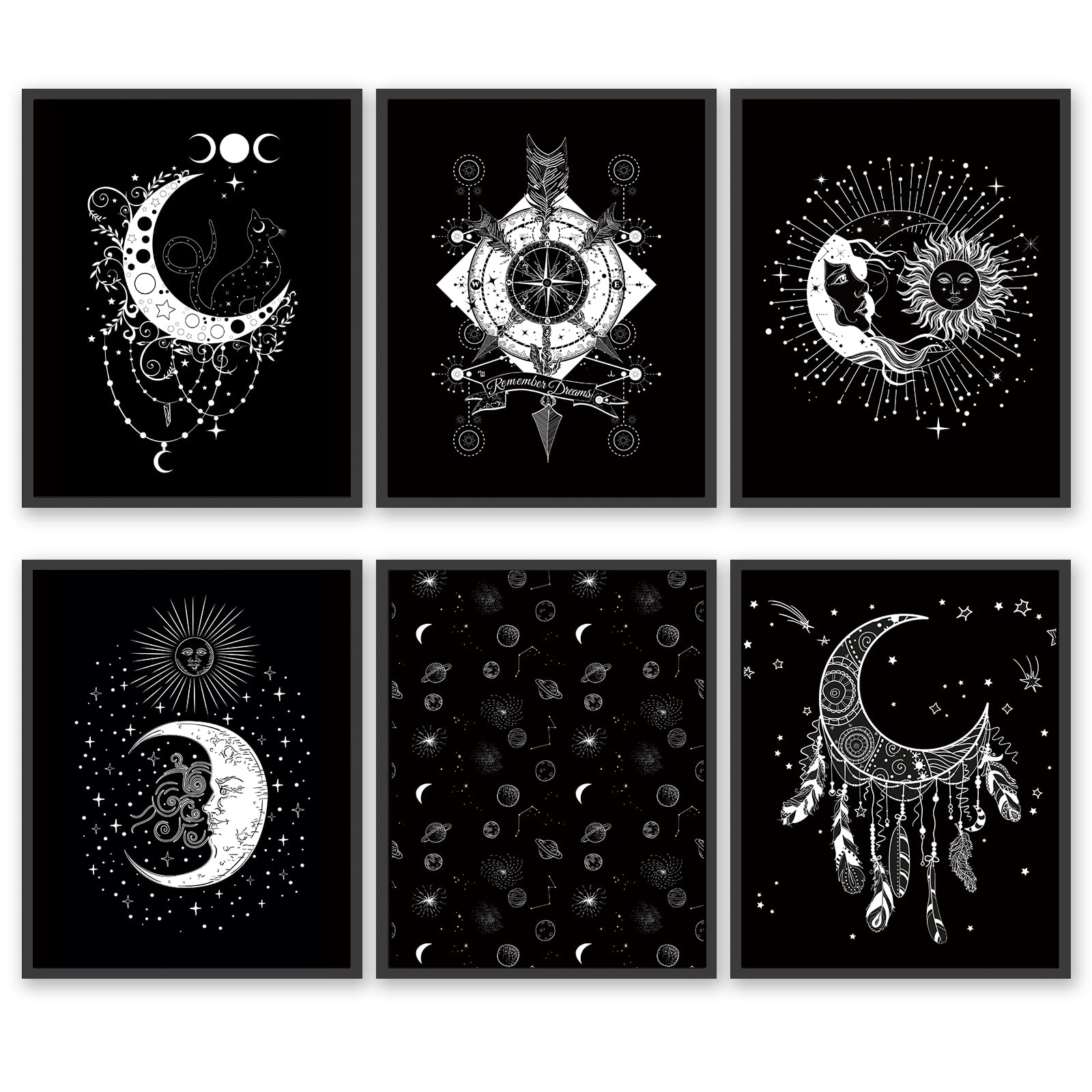 HoozGee Tarot Cards Celestial Canvas Wall Art Prints Star Sun and Moon Print Poster Mystic Themed Art Astrology Art Boho Decor Medieval Europe Room