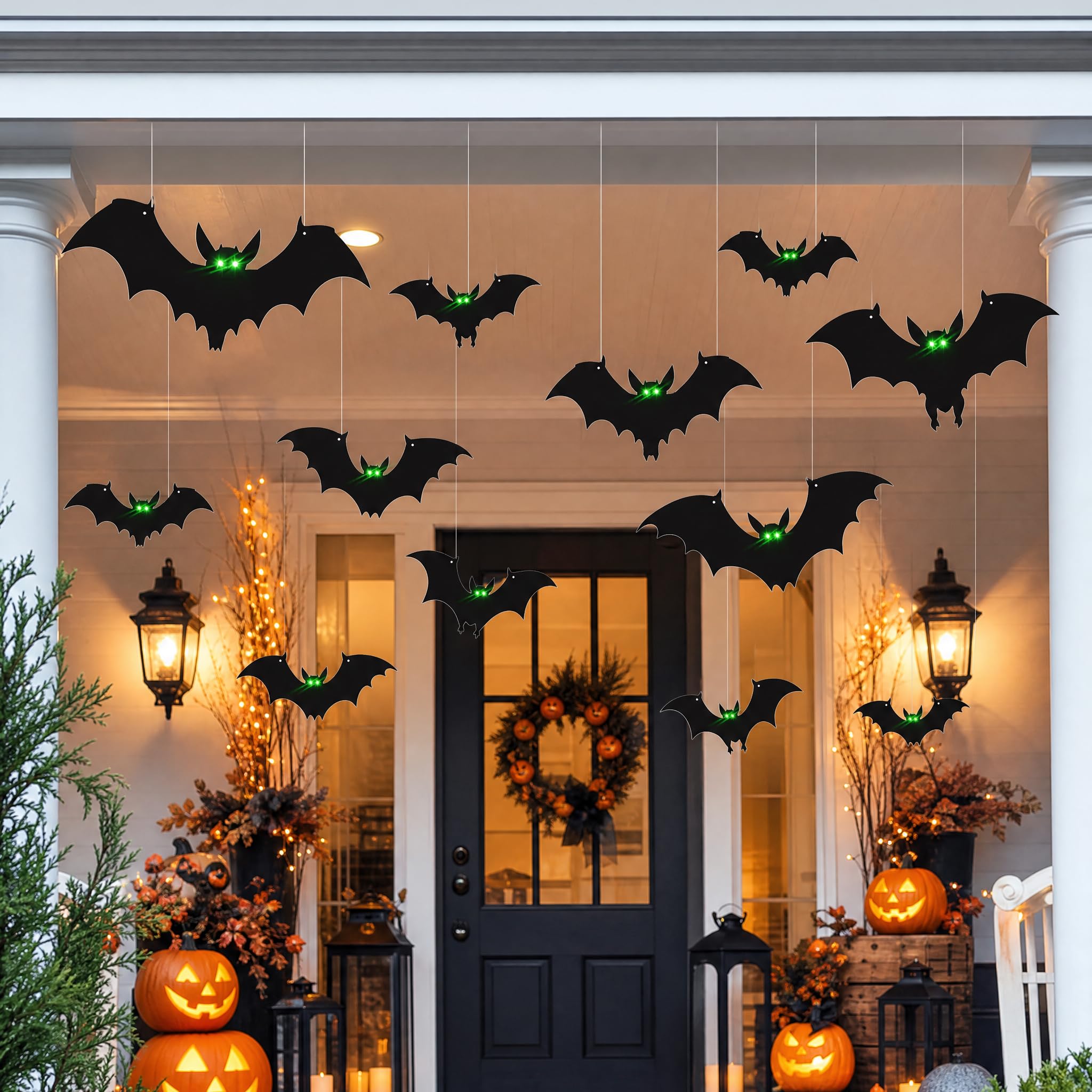 Wiszące nietoperze na Halloween, dekoracja na zewnątrz, duże latające plastikowe nietoperze, dekoracja na zewnątrz, 3 różne rozmiary, świecące w ciemnych oczach, do zawieszenia na drzewie, werandzie,