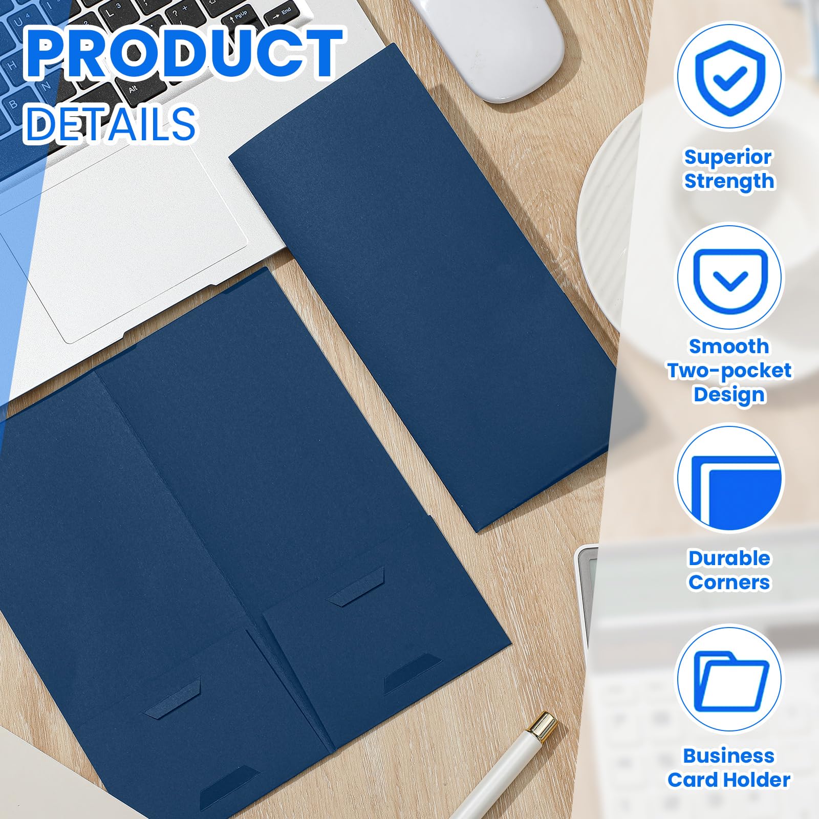 Henoyso Mini-Präsentationsmappen, 2 Taschen, 10,2 x 22,9 cm, mit zwei Visitenkartenhaltern, ideal für Gäste, Willkommenskunden-Informationen, Bestätigung, Quittungsorganisation, Marineblau, 50 Stück