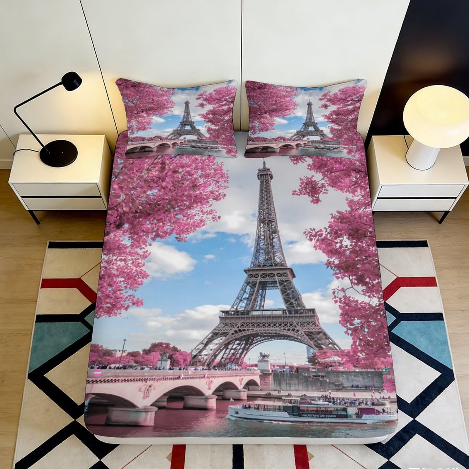 Jqzkxnhpbr Style-8 3D Printed Eiffel Tower Paris Fitted Sheet Microfiber Pink Blossom Bed Cover Anti-Slip Washable Bedroom Decor 90X200x25cm