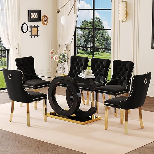 Miniatura 9 de Juego de mesa de comedor de cristal de 63 pulgadas para 6, juego de mesa de comedor moderno para 6, mesa de vidrio templado con patas negras en Mesa