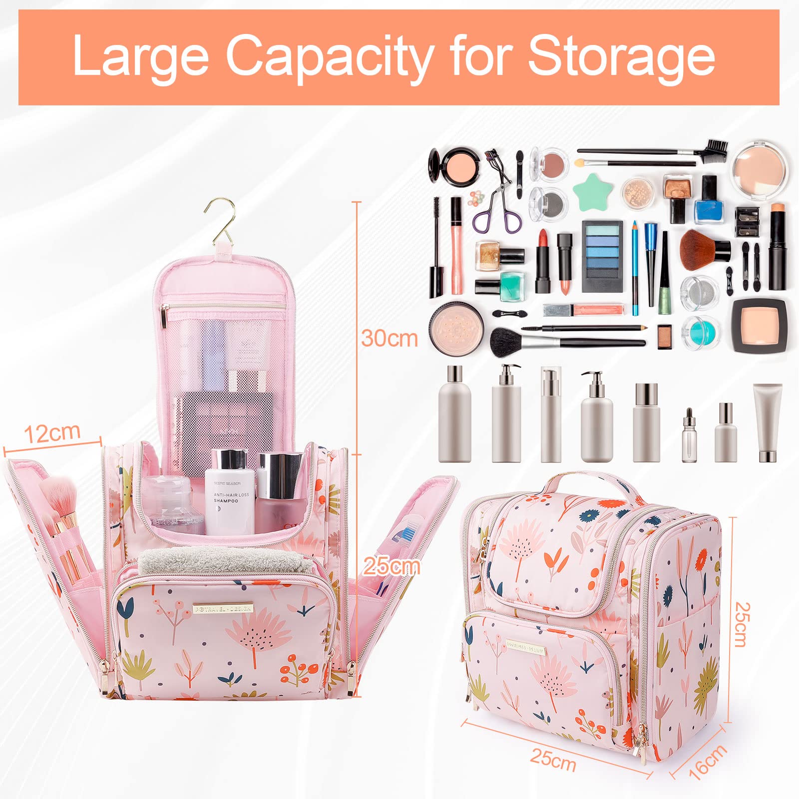 Bolsas de Aseo para Mujeres y Niñas, Lychii Neceser de Viaje con Colgar Gancho, Impermeable Organizador de Cosméticos - Floral