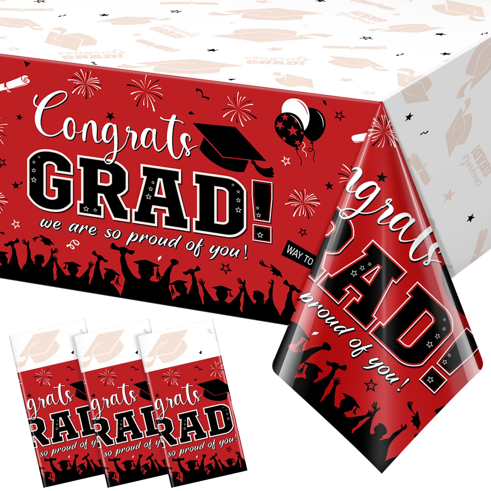 3 Pack Graduation Tablecloth Party Decorations, Class of 2026 Congrats Grad Plastic Tablecover Party Supplies, Red Rectangle Graduation Table