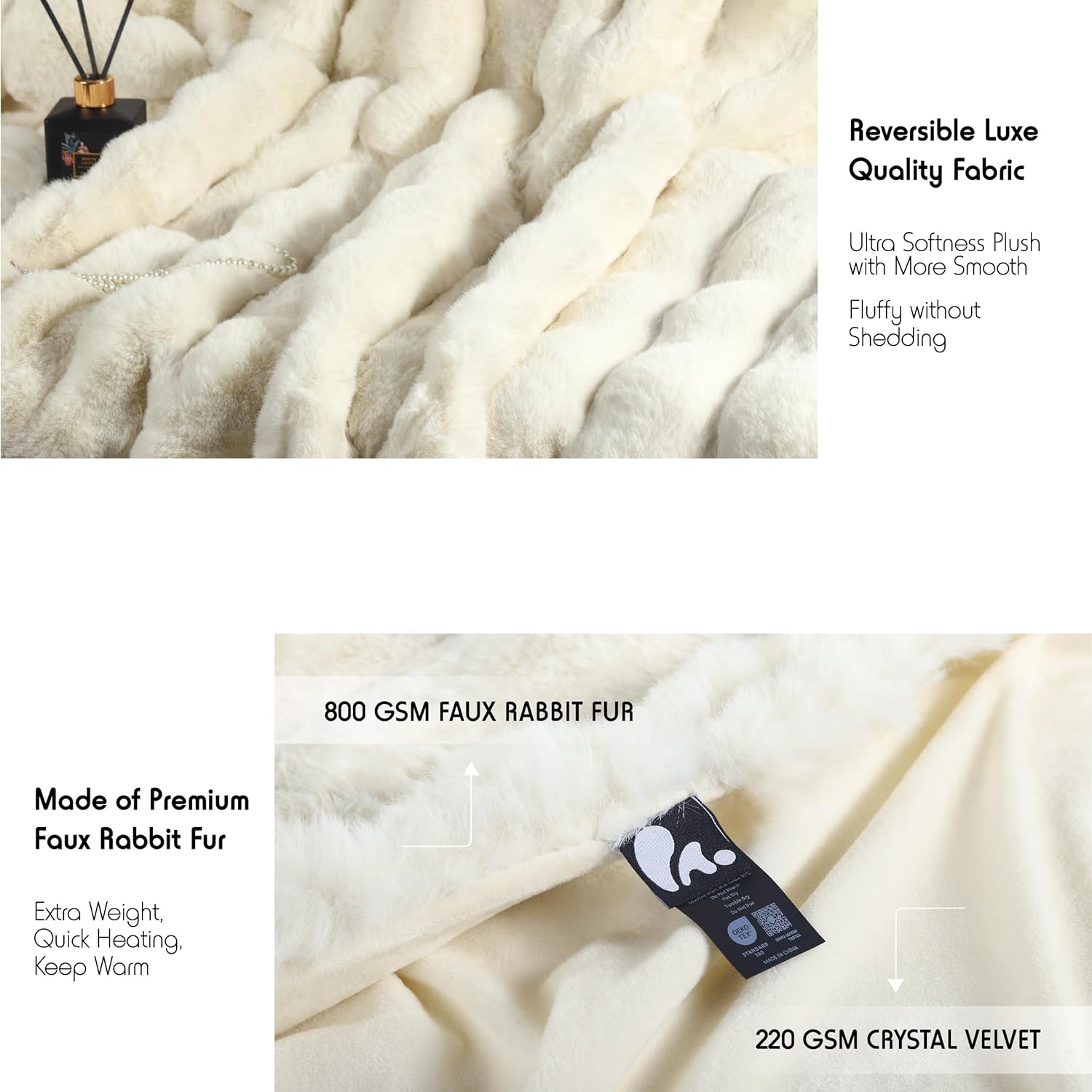 Luxury Faux Fur Throw Blanket, 1000 GSM Fluffy Bubble Blanket for Bed, 60" x 80" Ultra Soft Reversible Rabbit Fur Blanket for Couch Sofa, Cream White