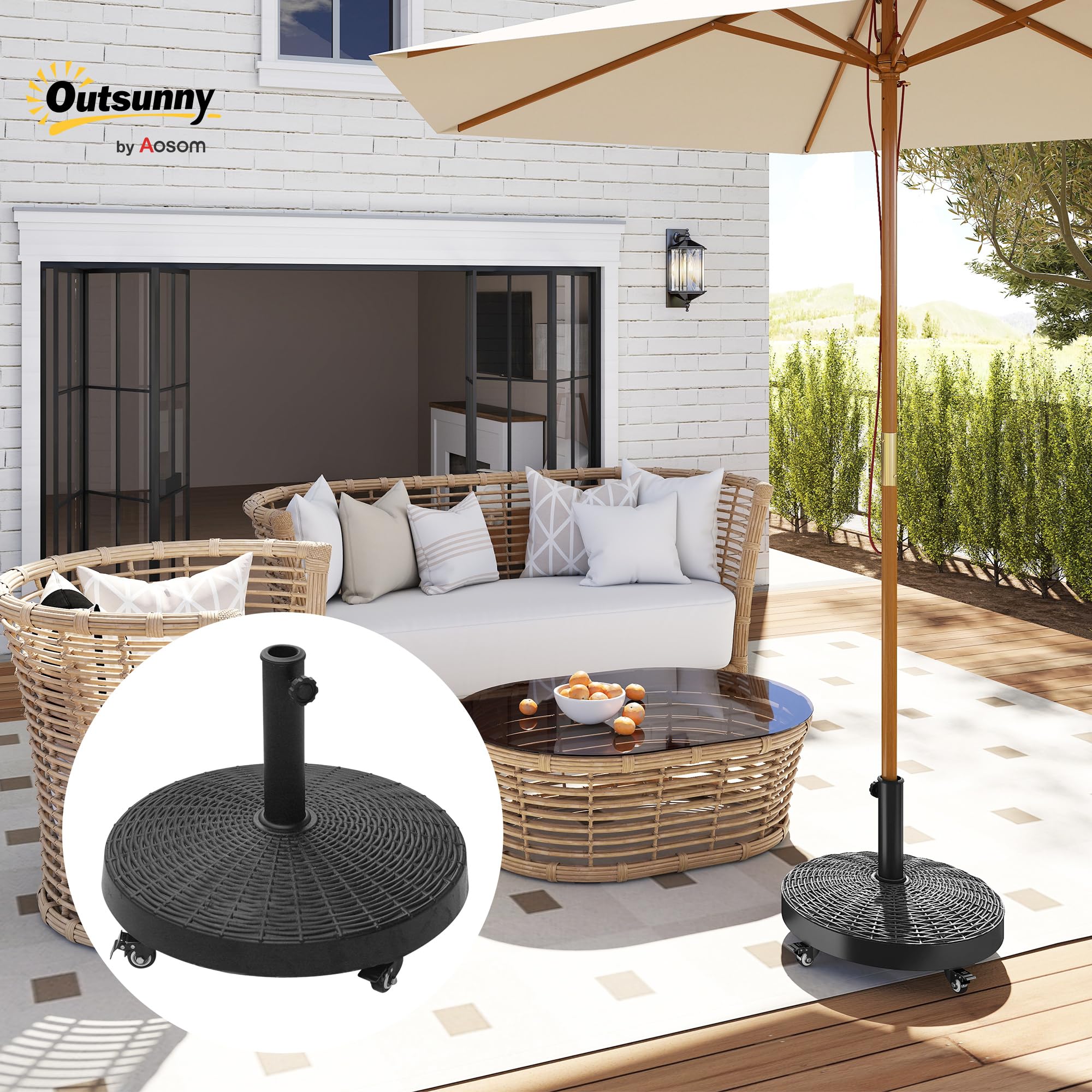 Outsunny Base per Ombrellone da Giardino Rotonda a 4 Ruote con Freni, Base Ombrellone in Metallo e Resina, per Pali di Ombrelloni da Ø38/48 mm, Ø52x41 cm, Nero
