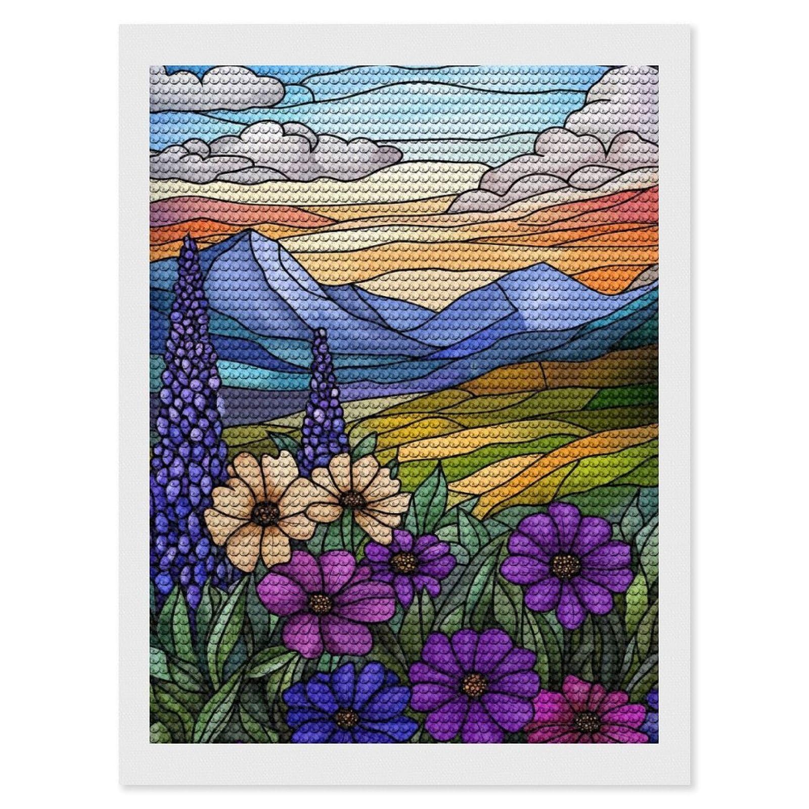 Junmoney Mountain Sunset Landscape Round Drill Diamond Painting 12"x16", for Adults, Creative Leisure Activity, Office Decor, Holiday Gift Idea