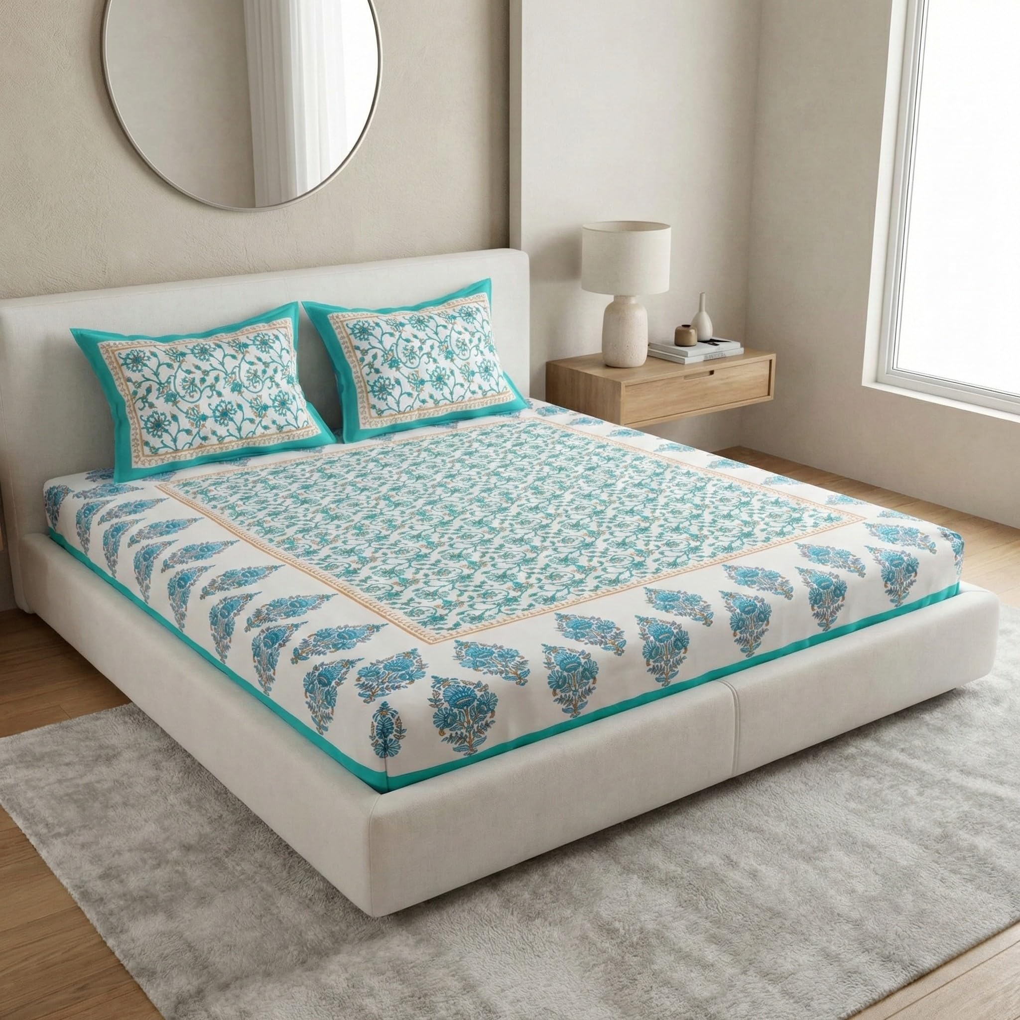 144 TC 100% Cotton Double Bed Size/Queen Size Bed Printed Flat Bedsheet with 2 Pillow Covers, (Pack of 1), Popularly Known as (90x100) Bed Sheet Double Bed Cotton