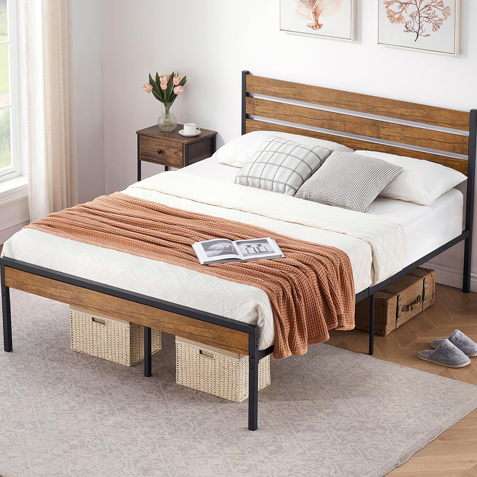 IDEALHOUSE Queen Bed Frame with Wooden Headboard & Footboard, Platform Bed with Under Bed Storage, No Box Spring Needed, Sturdy Support, Noise-Free,