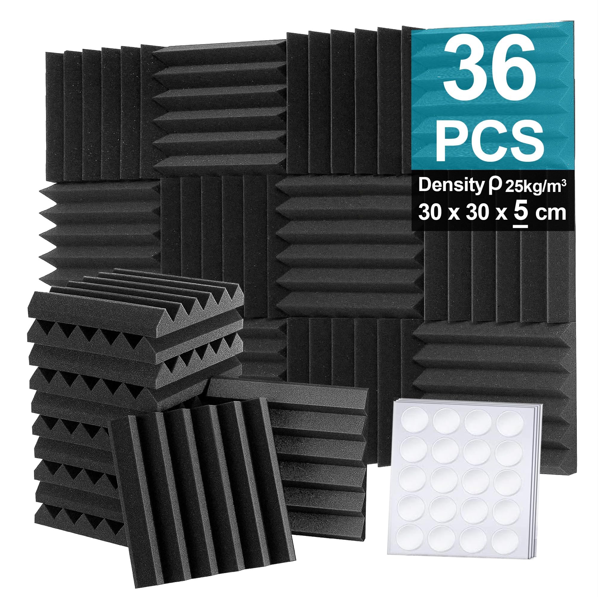 Foneso Set di 36 pannelli fonoassorbenti in schiuma, 5,1 x 30,5 x 30,5 cm, pannelli fonoassorbenti neri per studio audio, registrazione podcast, sala TV, sale giochi e uffici (piastrelle a cuneo)