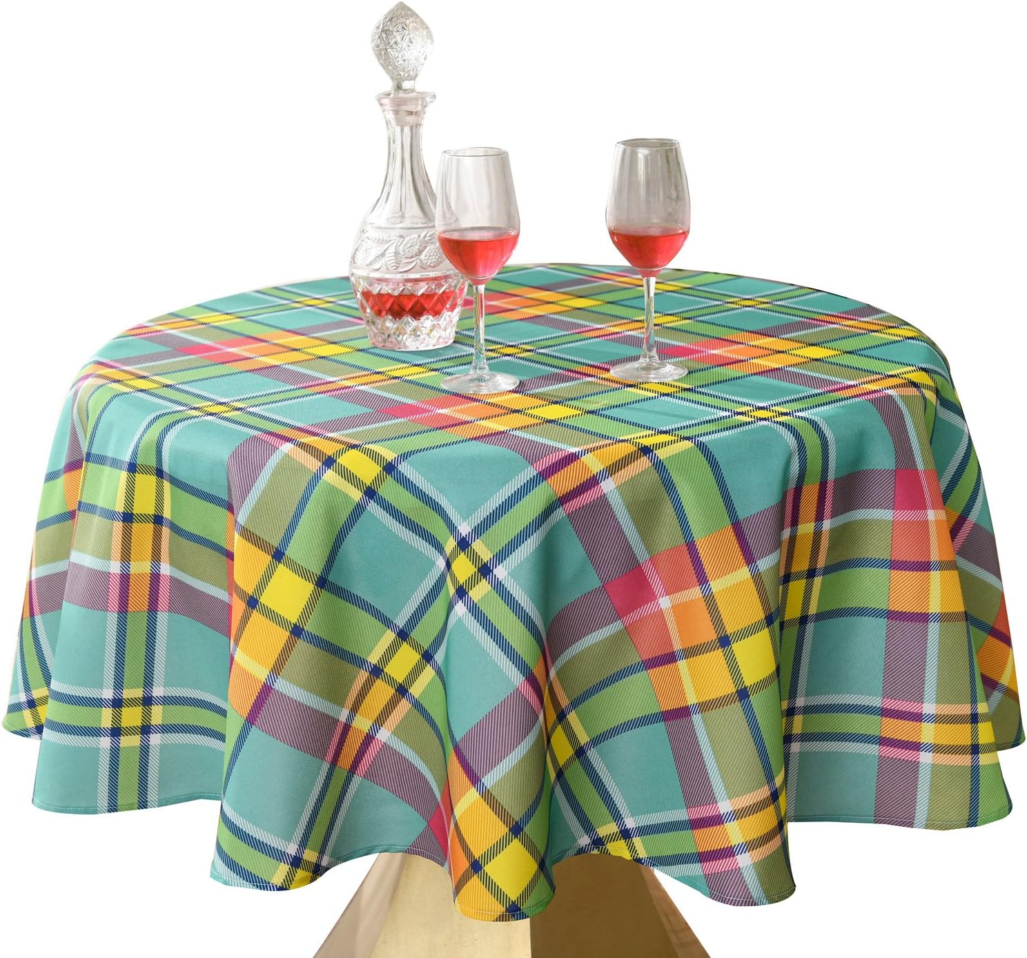 JIATER Modern Plaid Table Cloth Spillproof Polyester Fabric Round Tablecloth (60" Round, Yellow Green Plaid)