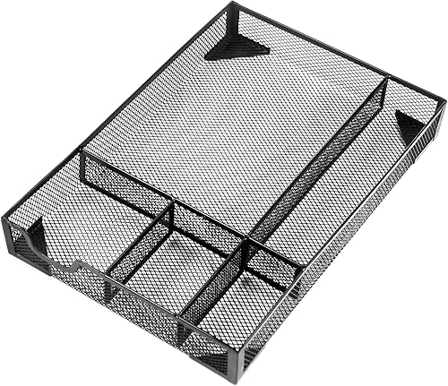 Bandeja organizadora de cajones de escritorio, bandeja organizadora de cajones de malla metálica con 5 compartimentos, organizadores de escritorio y