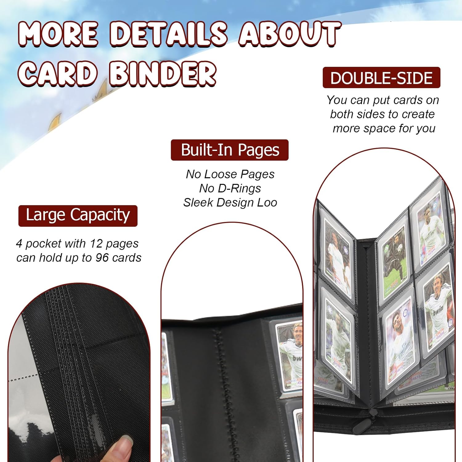 Toploader Binder, HYMENEX Top Loader Card Storage Holds 96 Cards, 4 Pocket Top Loader Card Binder for Trading Cards 3" x 4" Rigid Card Holders and Sports Cards - Classic Black