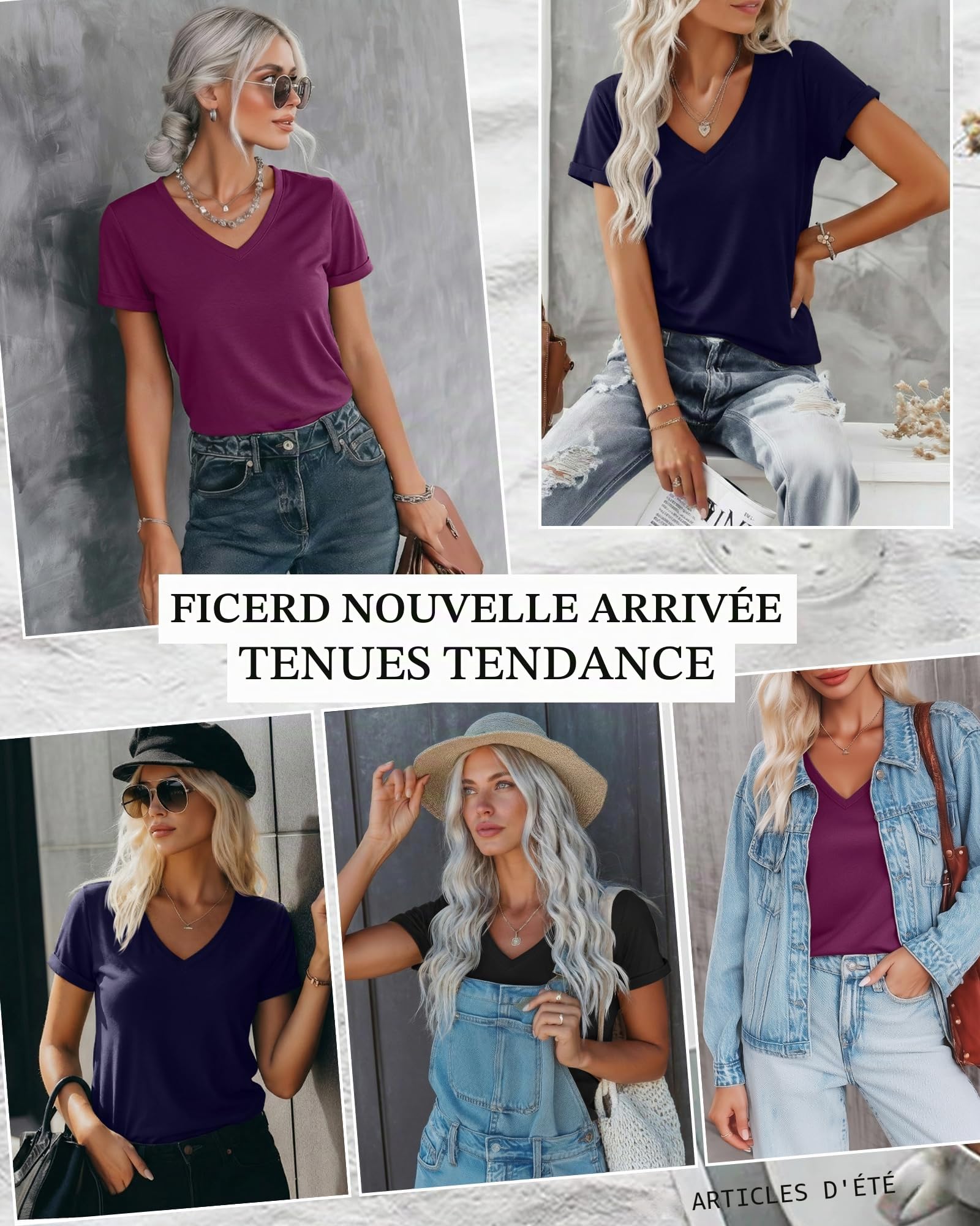 Ficerd Lot 3 T-Shirts Femme col V Manches Courtes | T-shirts doux en coton 65%, hauts a manches retroussees, coupe ample, T-shirts confortables pour tenues d'ete