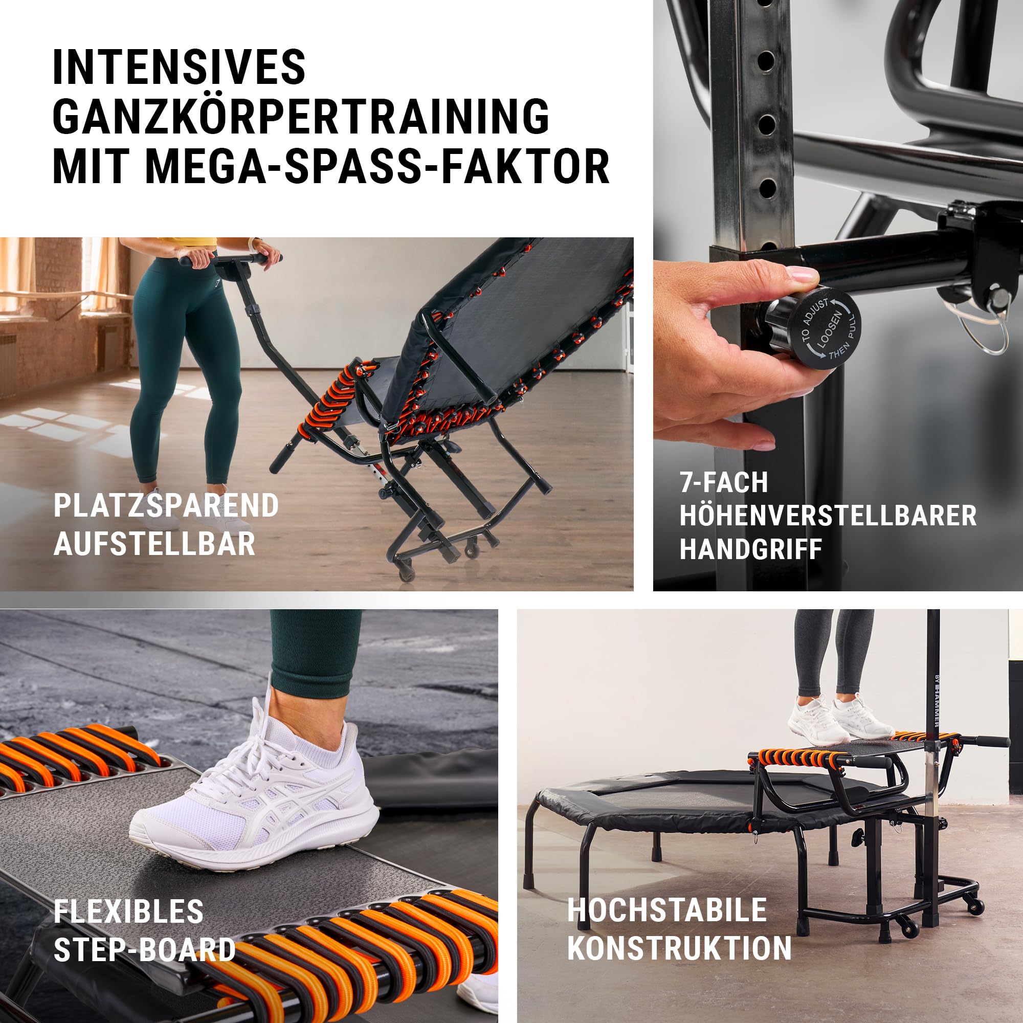 HAMMER Fitness-Trampolin JumpStep, Flexibles & gelenkschonendes Step-Board, aufstellbar, intensives Po- und Beinmuskeltraining, patentierte Technik, mehrfach höhenverstellbarer Haltegriff