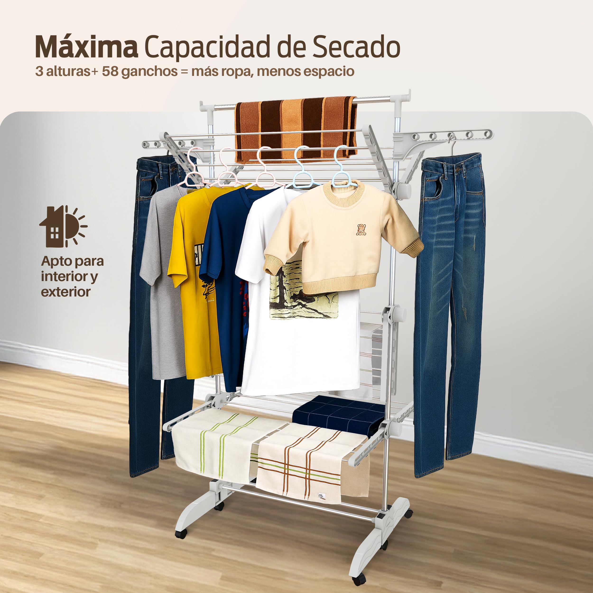 PORTENTUM Tendedero Vertical Plegable 14 cm – 5 Niveles y 58 Ganchos para Perchas – hasta 40 kg – Tenderete 24 Barras de Secado de Acero Inoxidable – Interior y Exterior – Ruedas giratorias con Freno