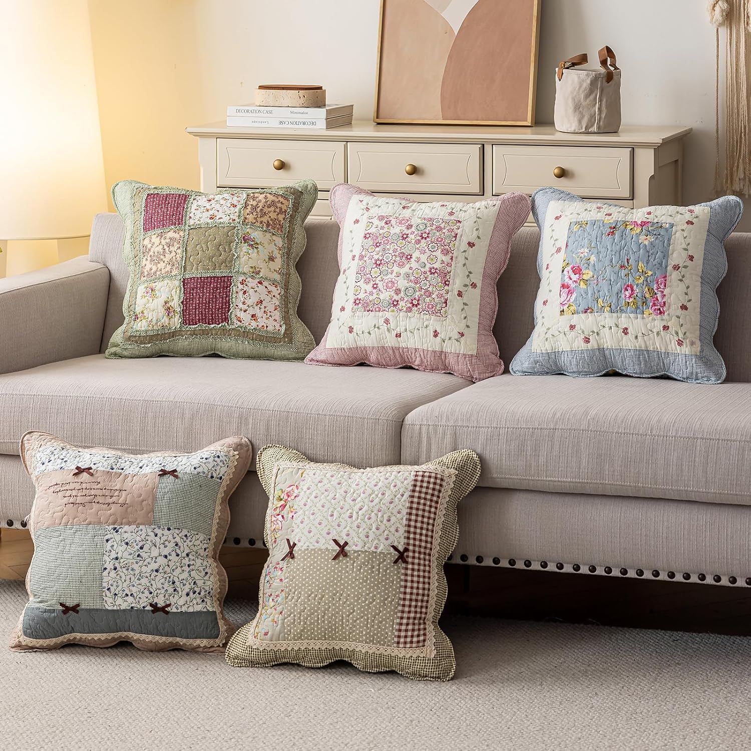 vctops Set of 2 Quilted 100% Cotton Boho Throw Pillow Covers 18" x 18" Farmhouse Country Floral Patchwork Decorative Cushion Cover, Patchwork Flower D - Image 3