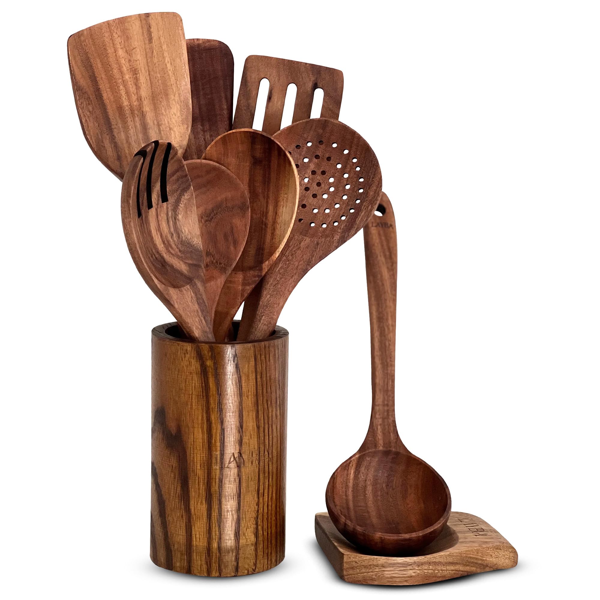 LAYBA Teakholz Küchenutensilien Set, Holz Küchenhelfer zum Kochen, Servieren, Wenden und Anrichten, Küchenutensil für Pfanne, Topf und Tisch