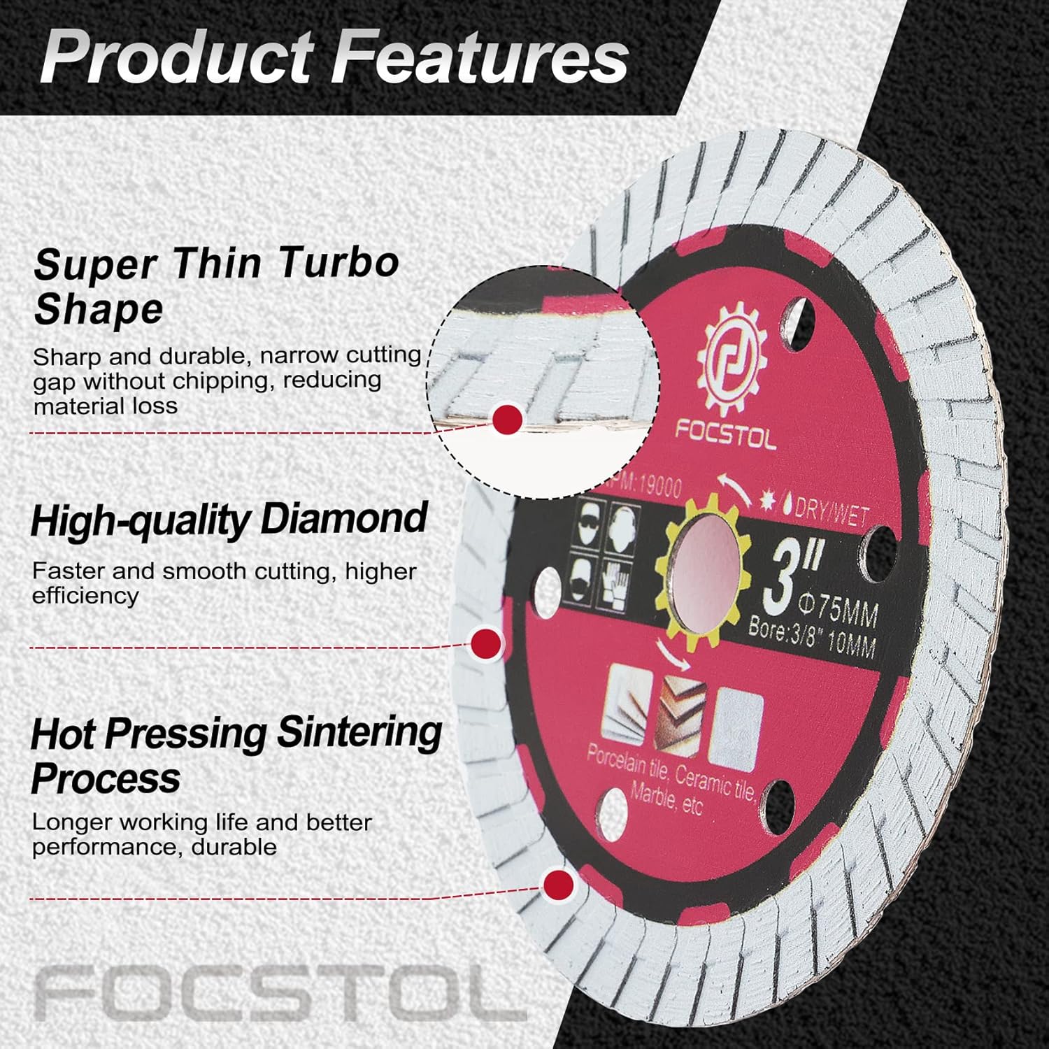 FOCSTOL Diamond Tile Saw Blade - 5pcs 3 Inch(75mm) Cutting Disc for Porcelain Ceramic Tile Marble Artificial Stone for Angle Grinder Arbor 3/8 Inch(10mm)